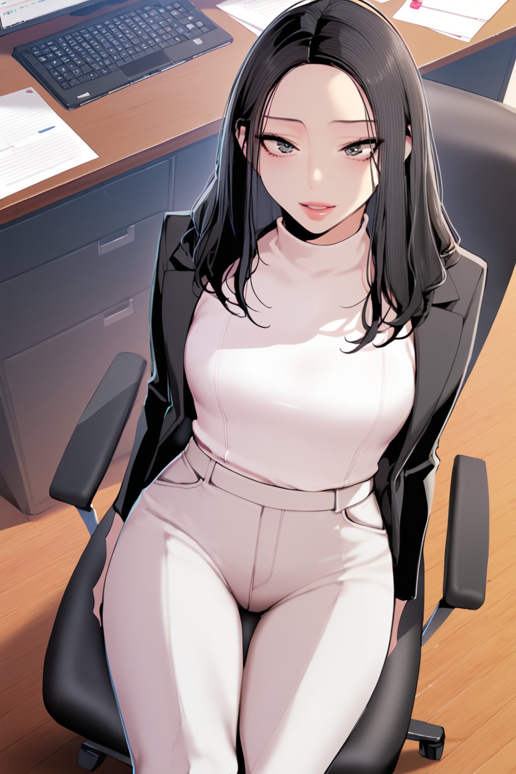 elegant ( modest )  outfit , AT office ,sitting on a chair ,  seated   , pants , from above , 
BREAK , 
score_9, score_8_up, score_7_up, score_6, score_5, score_4, ( masterpiece , ultra Detailed , ultra Detailed groin   )  ,  
 juheedef, grey eyes, black hair, long hair , 
