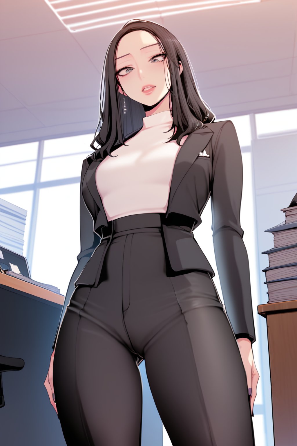 elegant ( modest )  outfit , AT office , pants , 
BREAK , 
score_9, score_8_up, score_7_up, score_6, score_5, score_4, ( masterpiece , ultra Detailed , ultra Detailed groin   )  ,  
 juheedef, grey eyes, black hair, long hair , 
