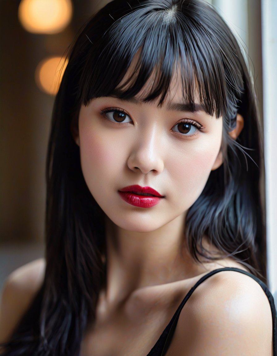 A close-up photo of an East Asian woman with long black hair and bangs, wearing a black corset. She has a serene expression with almond-shaped eyes, soft lips with a touch of red lipstick, and smooth, fair skin with a hint of natural glow. Her makeup includes subtle eyeshadow, mascara, and a light blush enhancing her cheekbones. Her hand is delicately placed near her shoulder, showcasing manicured nails. She is standing near a softly lit window, with gentle natural light highlighting her features. The background is slightly blurred, focusing on her face and upper body. BREAK high-resolution camera, close-up lens, natural lighting, modern realism, soft shadows, intimate setting, hd quality, natural look --ar 16:9 --v 6.0