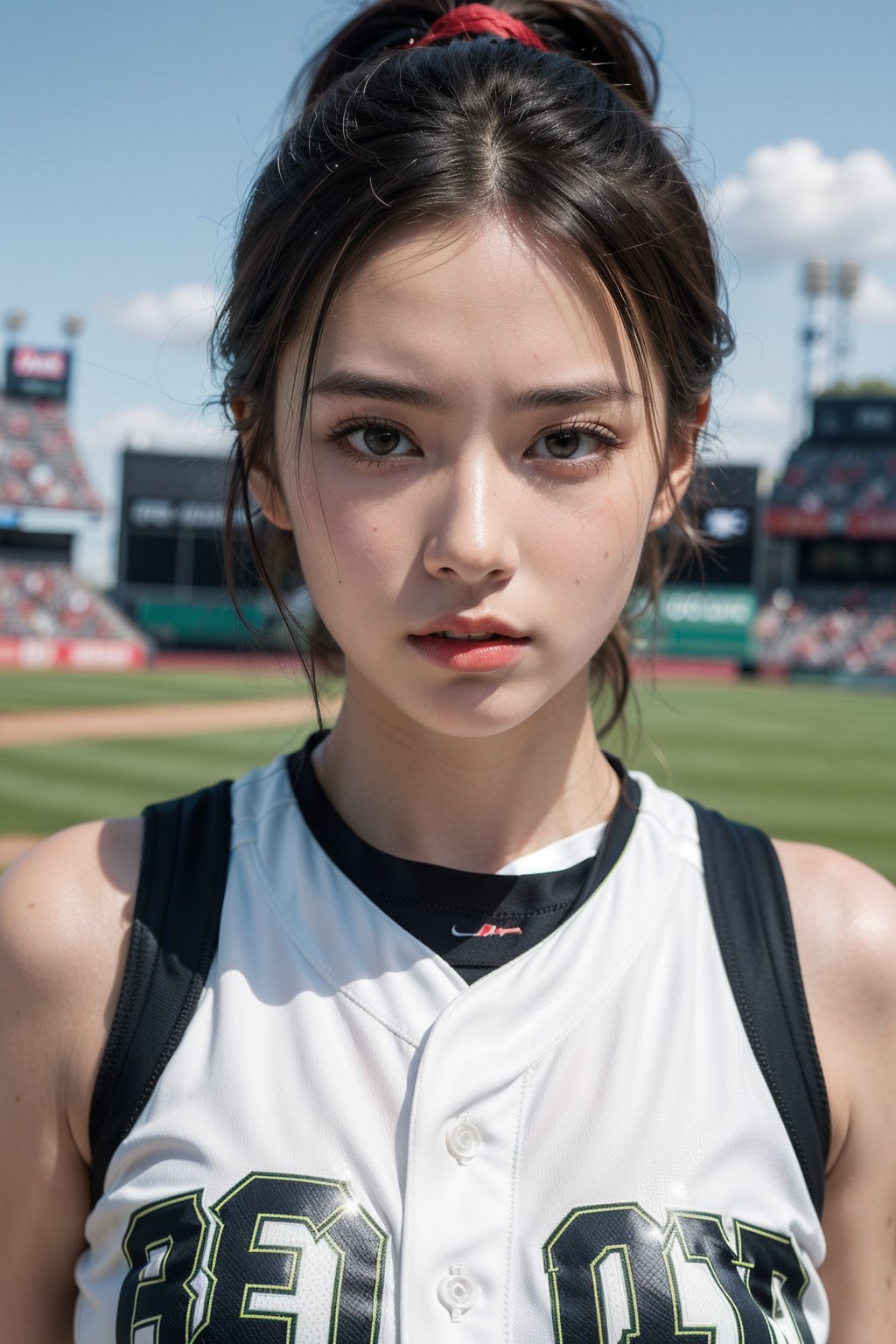 (best quality,4k,8k,highres,masterpiece:1.2),ultra-detailed,(realistic,photorealistic,photo-realistic:1.37),portrait,a serious young girl with high ponytail , baseball outfit,  blue hair:1.4,cinematic,sports attire,Game Day,detailed symmetric black eyes,vivid colors,stadium scenery,green field,clear sky,focused expression,dynamic pose,high blue ponytail,serious and determined look,sporty and competitive atmosphere,sharp features,concentrated gaze,competitive and intense baseball scene.