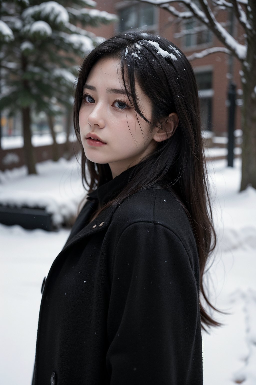 (best quality,4k,8k,highres,masterpiece:1.2),ultra-detailed,(realistic,photorealistic,photo-realistic:1.37),portrait,a girl with long hair in a black coat standing in heavy snow, (eyes black:1.7)  sad expression as if about to cry,the breeze stirring her hair,deep snowfall,snowflakes falling,depth of field effect with telephoto lens,messy hair,close-up,sad and melancholy atmosphere,inspired by the movie "Love Letter",profile view,eyes focused,half-closed eyes,central composition,viewed from below.
