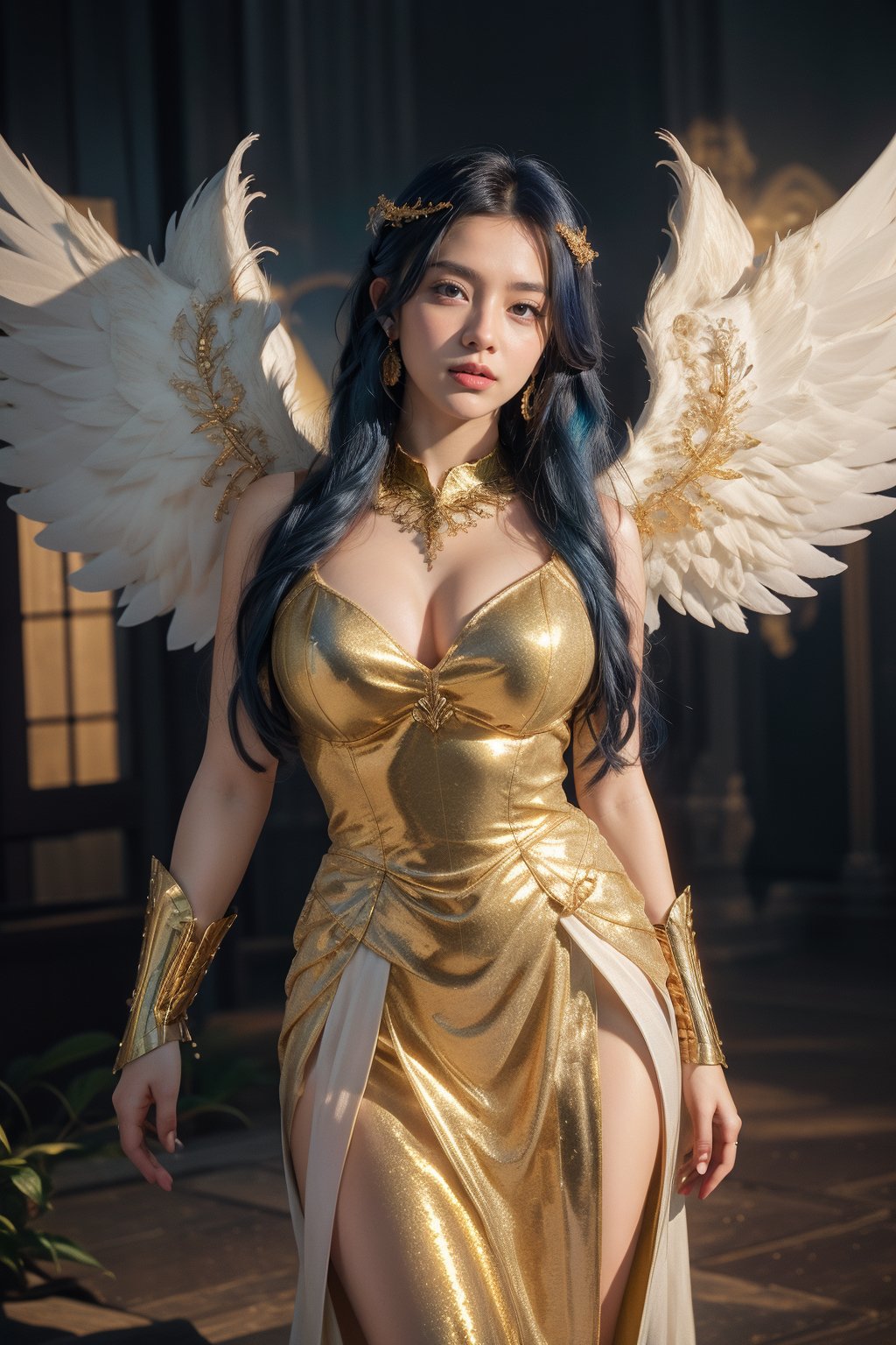 In a majestic scene, a triumphant angel girl stands proud, her Rococo-inspired iridescent wings glowing with an ethereal sheen against a dark background. Her long blue hair cascades like a river of night sky, framing her luminous face and captivating gaze. She wears golden and silver crystal armor, adorned with intricate details that shimmer in the cinematic lighting. A radiant halo surrounds her head, illuminated by the golden hour's warm tones. showcasing her stunning features as she praises with a dynamic pose, her white feathered wings spread wide. The scene is set against a heavenly background, where nimb clouds and vibrant colors come together to create a masterpiece of angelic beauty in 8K resolution, rendered by Oktavian's high-quality techniques, (portrait:1.4), close up, , looking_at_viewer