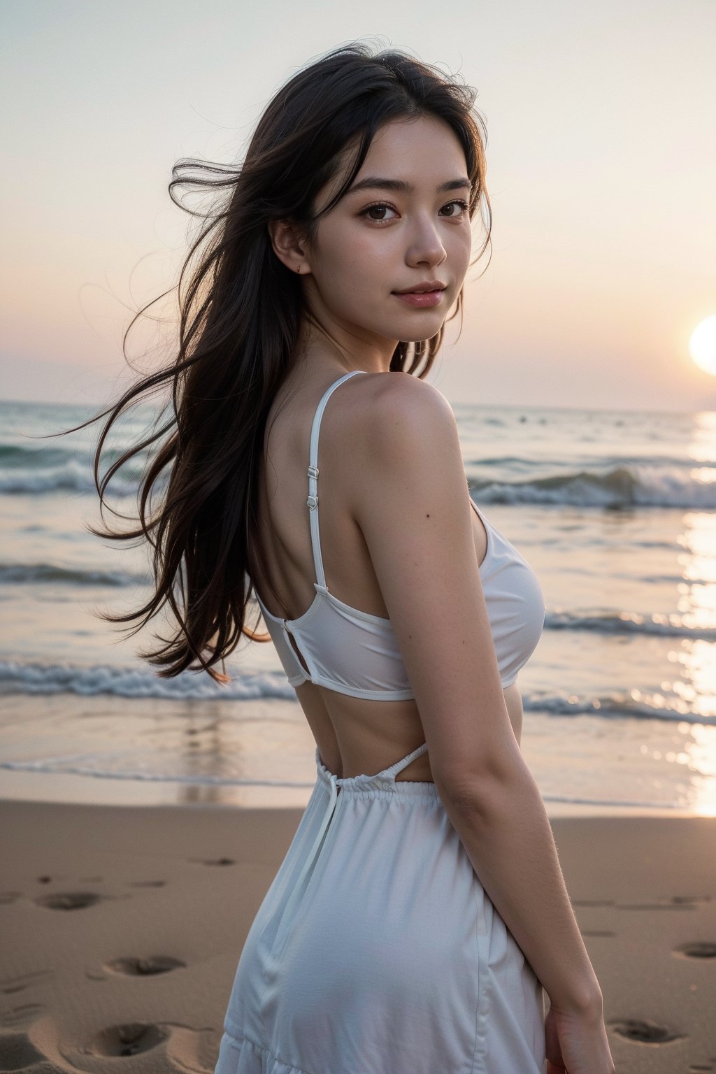 (best quality,4k,8k,highres,masterpiece:1.2),ultra-detailed,(realistic,photorealistic,photo-realistic:1.37),portrait,a serene and happy girl at the beach,soft sunset glow,cinematic,summer attire,Golden Hour,detailed symmetric eyes,vivid colors,beach scenery,soft sand,calm waves,gentle breeze,glowing skin,warm lighting,peaceful and radiant expression,carefree stance,long flowing hair,sunset hues in the background,tranquil and enchanting beach scene.
