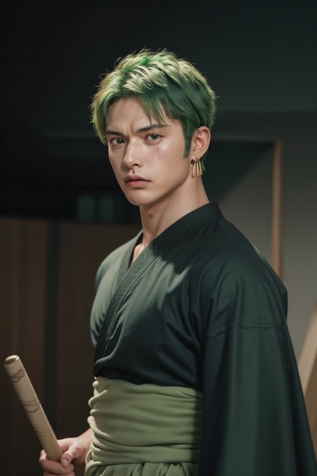 "Ultra-realistic, highly detailed portrait of Zoro from One Piece with short (green hair:1.4), sharp green eyes, (1men:1.5), straight and well-defined nose, thin and stern lips, confident and determined expression, smooth skin, wearing a samurai robe with a sash around his waist and visible scars on his face.",best quality,roronoa zoro,masterpiece, (battlefield background:1.4)