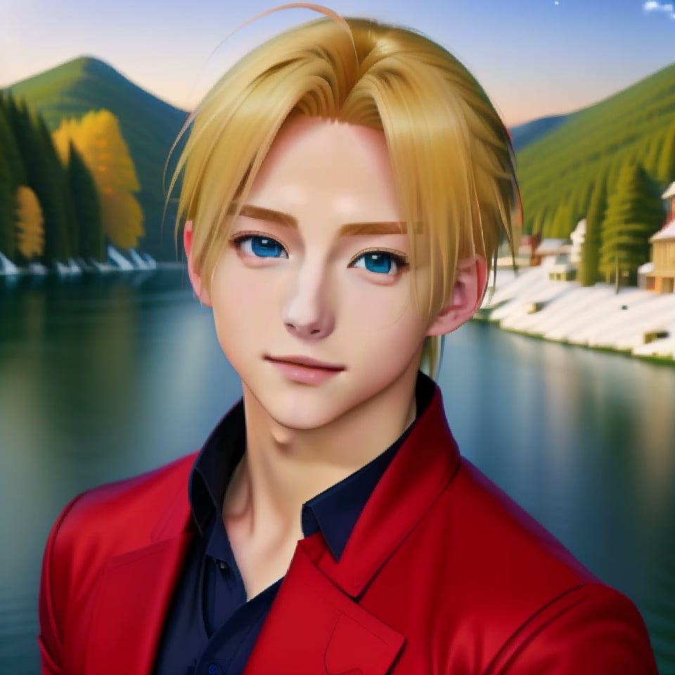 my_hagaren_edo, solo, looking at viewer, portrait, nice photo, realistic, 1boy, ikemen, blonde hair, blue eyes, red jacket, black shirt, 🏞