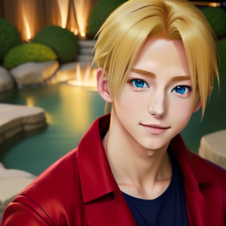 my_hagaren_edo, solo, looking at viewer, portrait, nice photo, realistic, 1boy, ikemen, blonde hair, blue eyes, red jacket, black shirt, hot spring, 