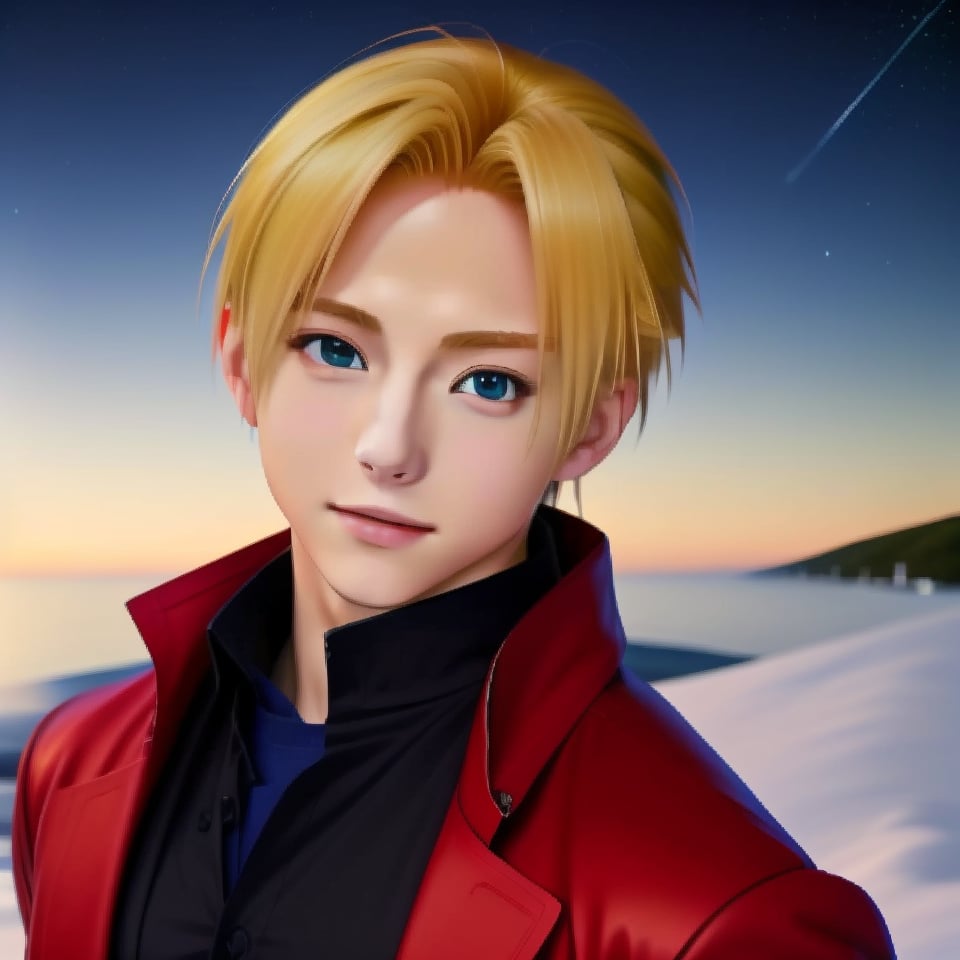 my_hagaren_edo, nice photo, solo, looking at viewer,realistic, masterpiece,  4K, portrait,  day, 🌌❄🎆✨🎇, ikemen, blonde hair, red jacket, black shirt, 18 years old, 