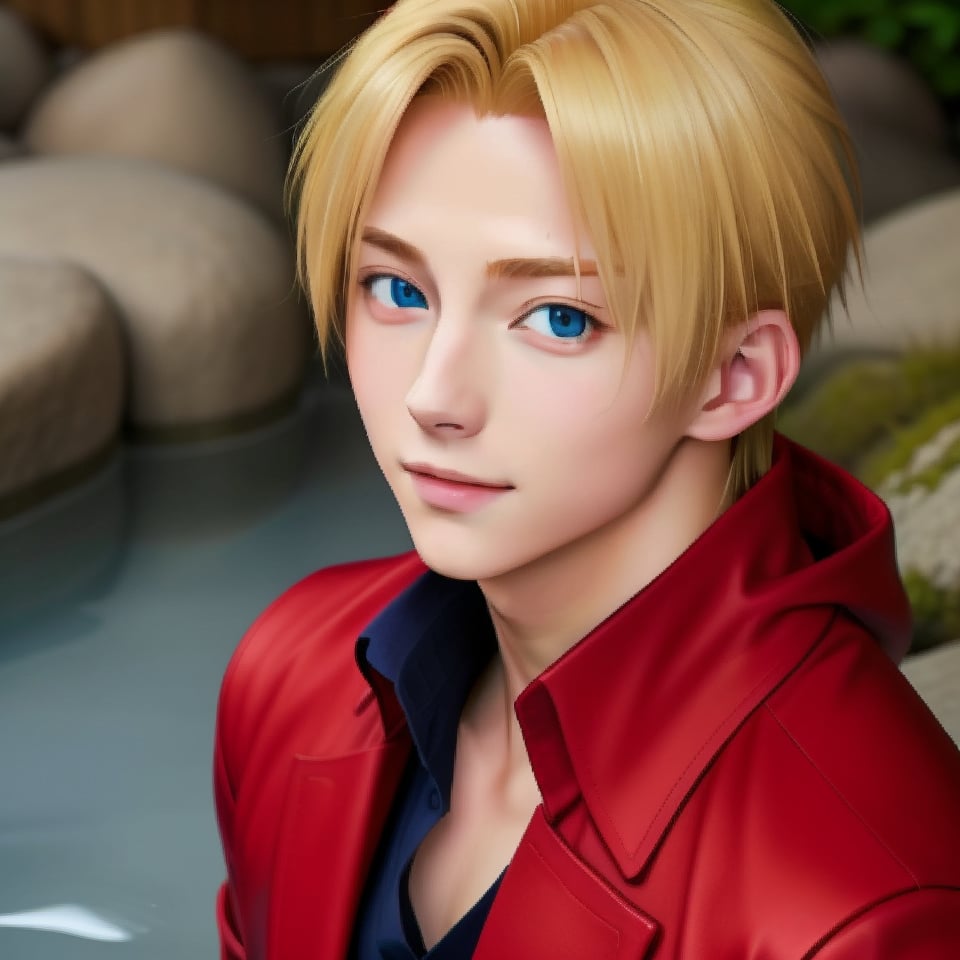 my_hagaren_edo, solo, looking at viewer, portrait, nice photo, realistic, 1boy, ikemen, blonde hair, blue eyes, red jacket, black shirt, hot spring, 