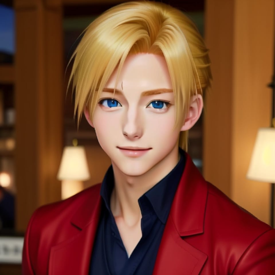 my_hagaren_edo, solo, looking at viewer, portrait, nice photo, realistic, 1boy, ikemen, blonde hair, blue eyes, red jacket, black shirt, coffee shop