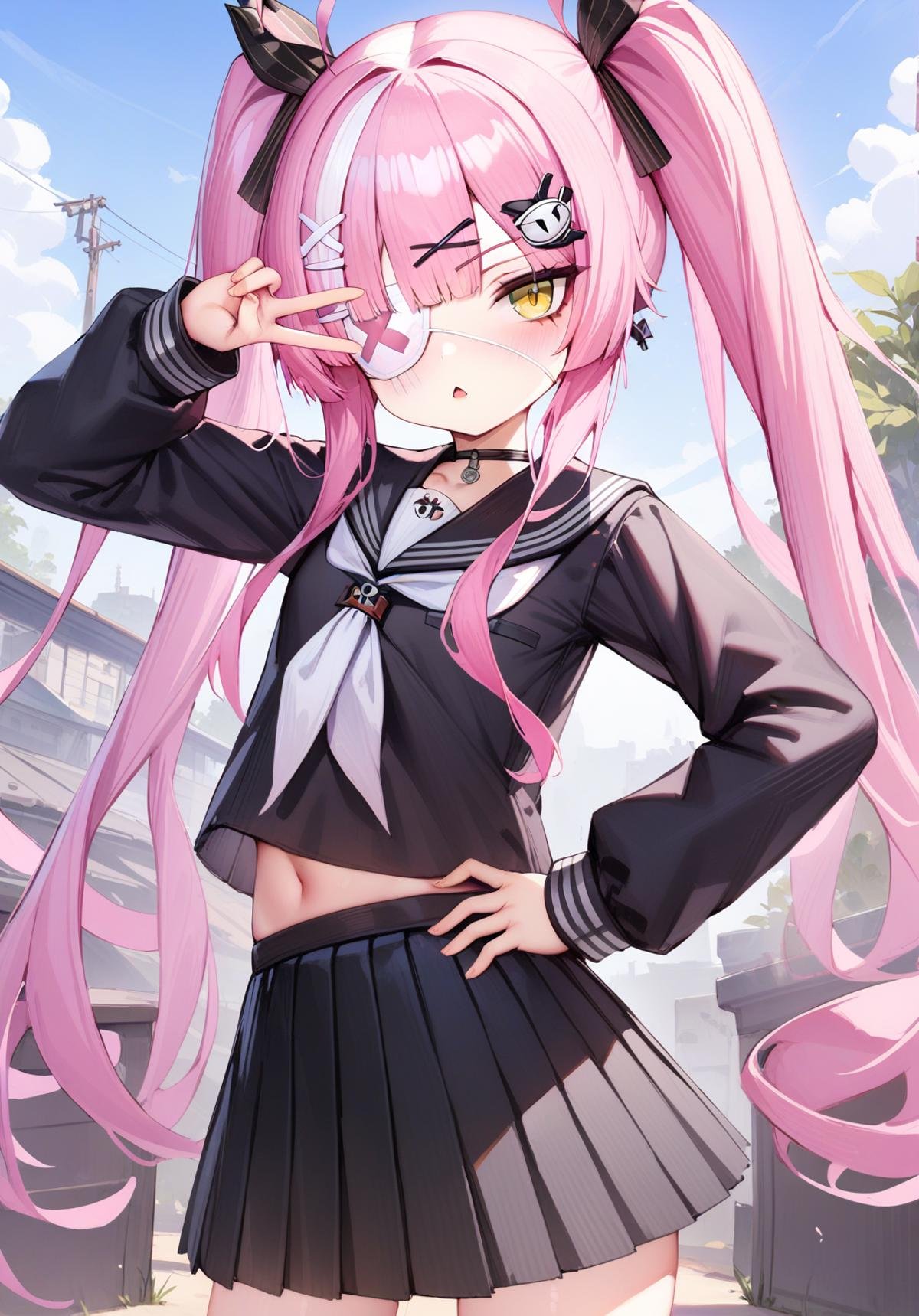 <lora:z47_XL_v1.0:0.8>,z47_\(azur_lane\),twintails, hair_ornament,x hair ornament,yellow eyes, pink_hair, eyepatch, pleated skirt,black serafuku, v over eye, hand on own hip, parted lips, outdoors, masterpiece, best quality,  very aesthetic, absurdres,