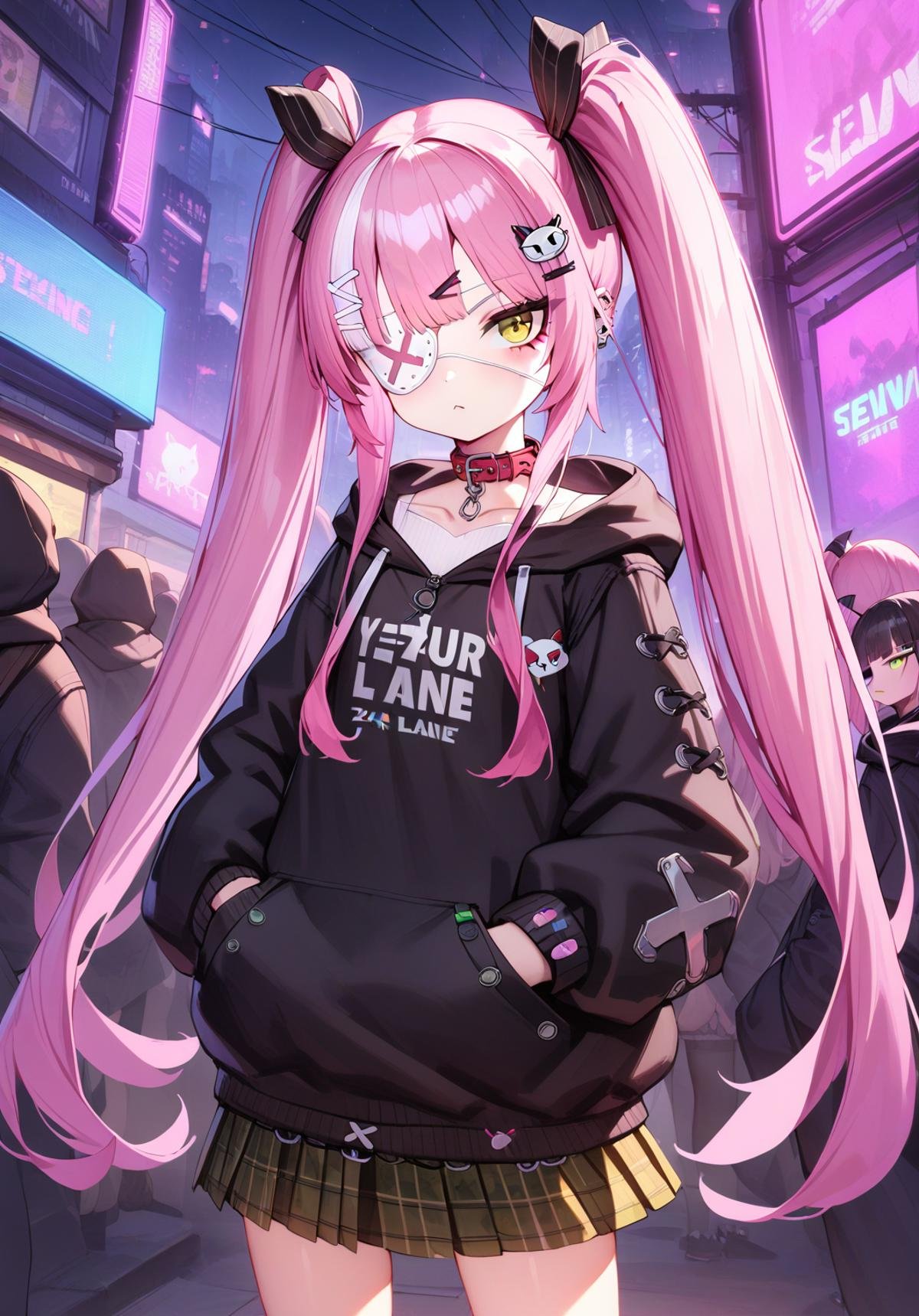 <lora:z47_XL_v1.0:0.8>,z47_\(azur_lane\),twintails, hair_ornament,yellow eyes, pink_hair, eyepatch, black hoodie,plaid skirt,animal collar,hood down,collarbone,night,cyberpunk,crowd, street,solo,neon billboard,hands in pockets, masterpiece, best quality,  very aesthetic, absurdres,