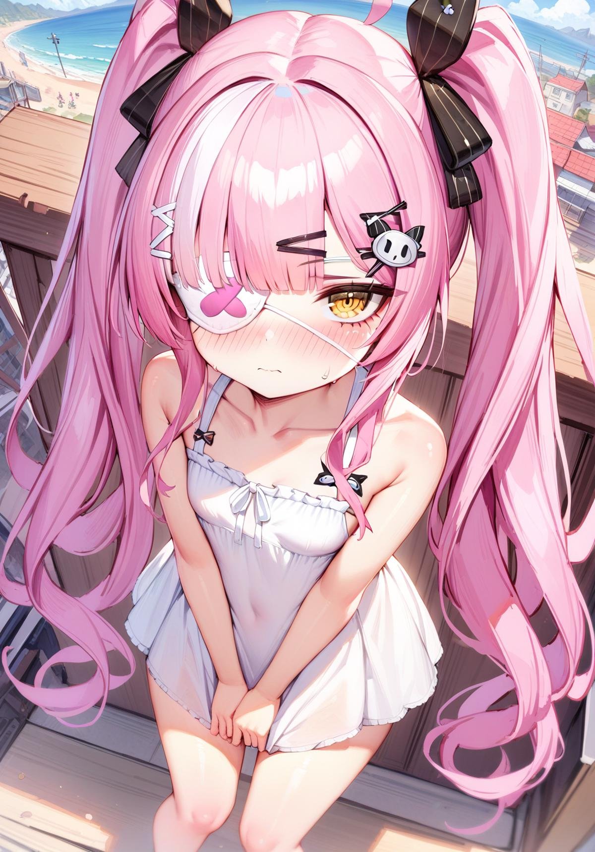 <lora:z47_XL_v1.0:0.8>,z47_\(azur_lane\),twintails, hair_ornament,yellow eyes, pink_hair, eyepatch, sundress, from above, hand between legs,standing, blush,small breasts,  looking at viewer, outdoors,, masterpiece, best quality,  very aesthetic, absurdres,