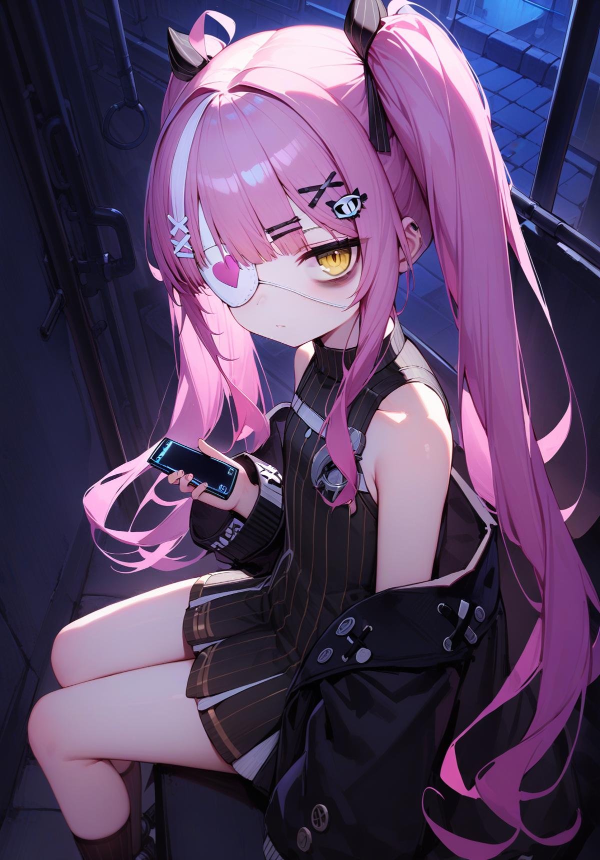 <lora:z47_XL_v1.0:0.8>,z47_\(azur_lane\),twintails, hair_ornament,x hair ornament,yellow eyes, pink_hair, eyepatch,black_jacket, sleeveless,open_jacket, sleeveless_dress,solo, night, looking at viewer,blue theme,backlighting, alley,expressionless, bags under eyes, sitting , from side, holding cellphone,from above,, masterpiece, best quality,  very aesthetic, absurdres,