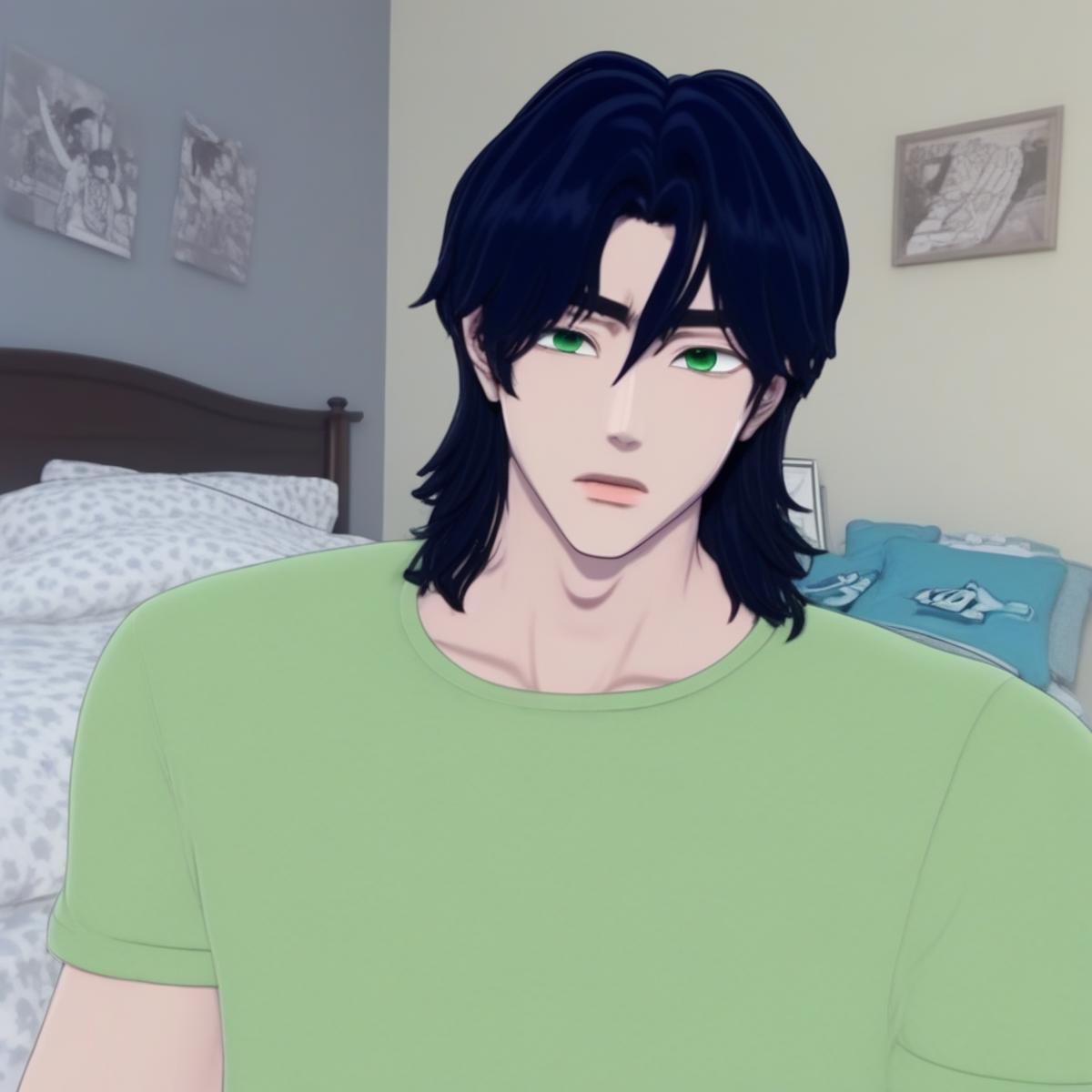 PLAVE, K-pop, male, black long hair, green tshirt, bed room background, cute, black eyes, cell shaded, 3D model