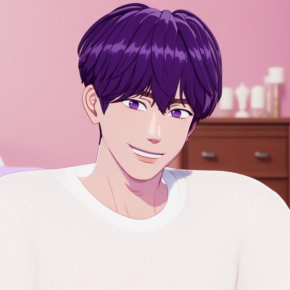 PLAVE, K-pop, male, purple short hair in a side part, white sweater, bed room background, cute, smile, brown eyes, cell shaded, 3D model