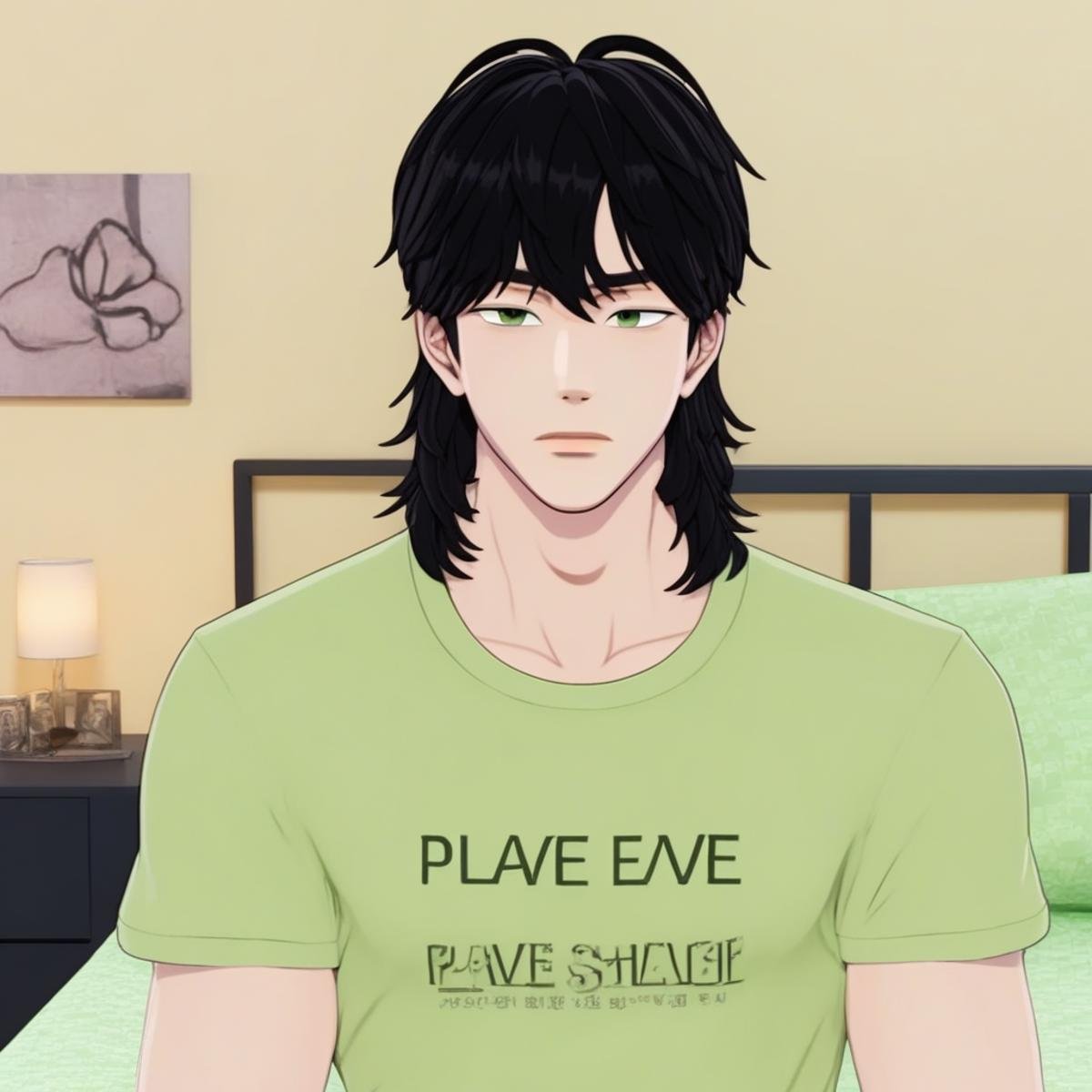 PLAVE, K-pop, male, black long hair, green tshirt, bed room background, cute, black eyes, cell shaded, 3D model