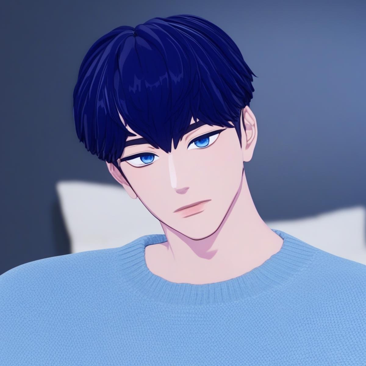 PLAVE, K-pop, male, blue short hair in a side part, black sweater, bed room background, cute, blue eyes, cell shaded, 3D model