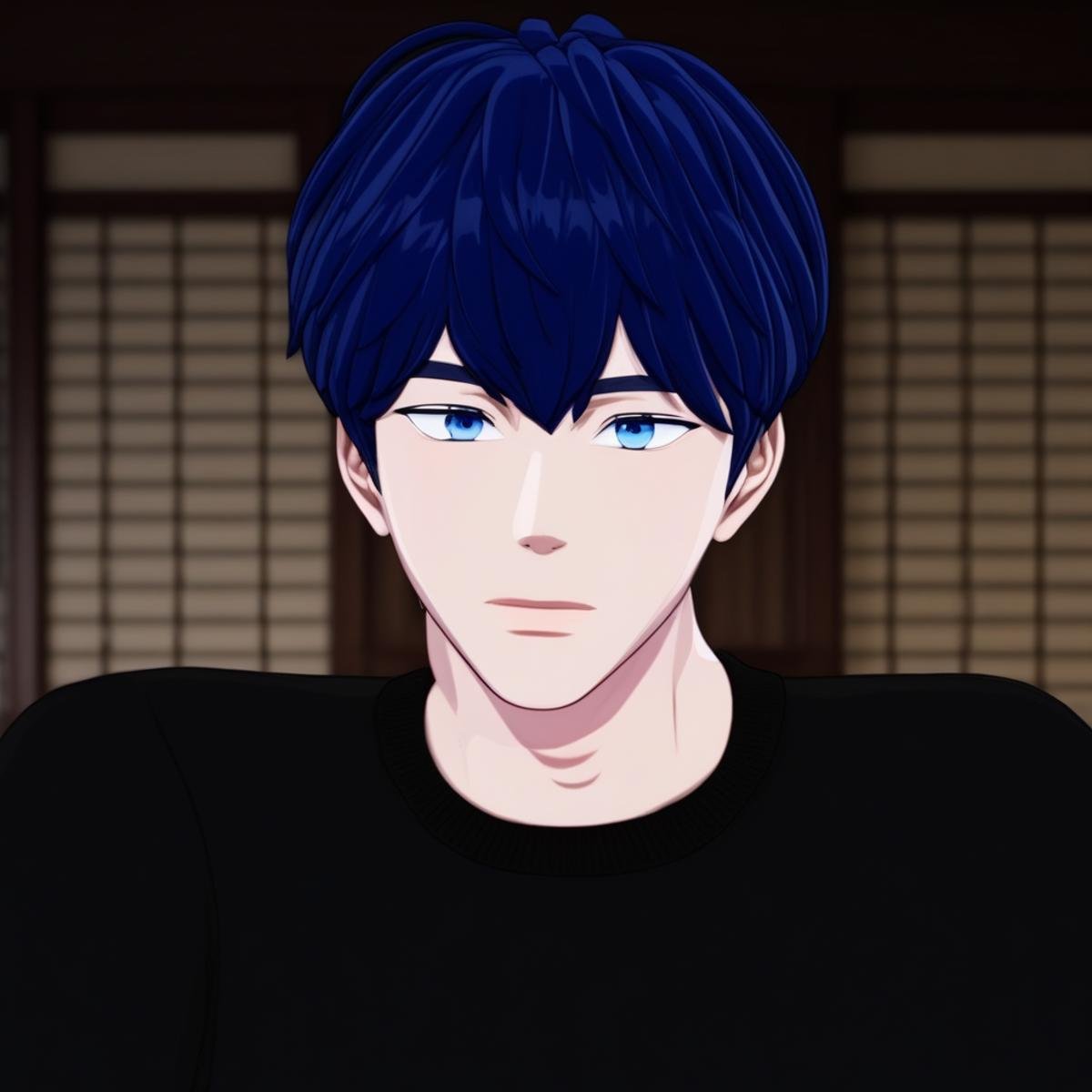 PLAVE, K-pop, male, blue short hair in a side part, black sweater, bed room background, cute, blue eyes, cell shaded, 3D model