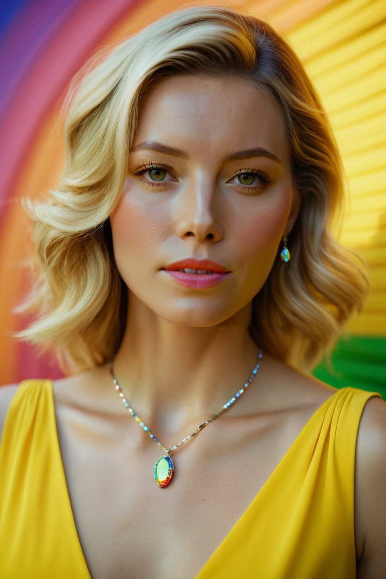 cinematic photo,  ohwx woman,  headshot portrait of a blonde woman wearing a yellow dress and silver necklace,  35mm photography,  film,  professional,  4k,  high detailed,  ((rainbow colorful background)),