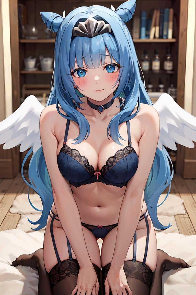 masterpiece, best quality, ultra-detailed, glistening shiny, glowing light, ray tracing, HDR, deph of field, (perfect face, detailed face), <lora:Sylphy:0.8>, sylphy, long hair, double hair bun, angel wings,  tiara, blush, smile, lingerie, lace bra, thong, garterbelt, garter straps, black thighhighs, kneeling, leaning forward, hands between legs