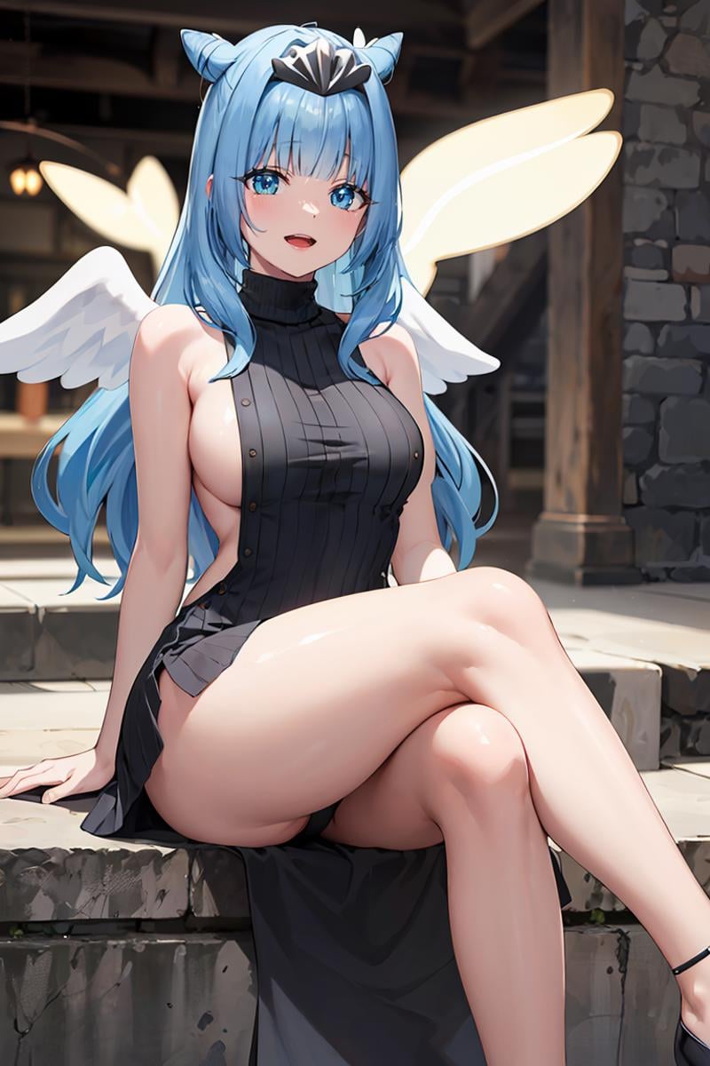 masterpiece, best quality, ultra-detailed, glistening shiny, glowing light, ray tracing, HDR, deph of field, (perfect face, detailed face), <lora:Sylphy:0.8>, sylphy, long hair, double hair bun, angel wings, smile, open mouth, tiara,  sweater dress, turtleneck, bare arms, bare legs, sideboob, sitting, crossed legs