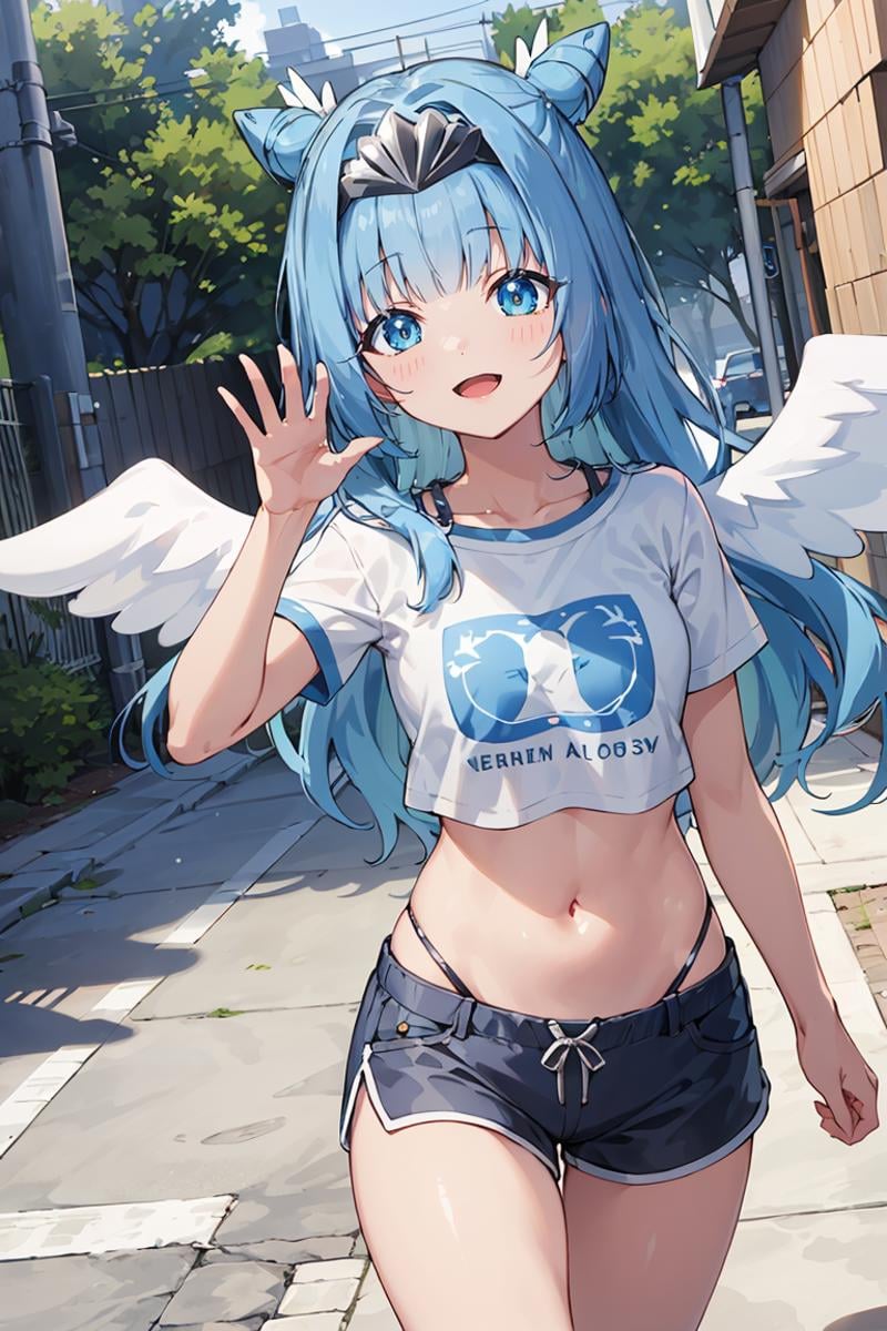 masterpiece, best quality, ultra-detailed, glistening shiny, glowing light, ray tracing, HDR, deph of field, (perfect face, detailed face), <lora:Sylphy:0.7>, sylphy, long hair, double hair bun, angel wings, smile, open mouth, tiara, waving, t-shirt, crop top, micro shorts, walking, outdoors