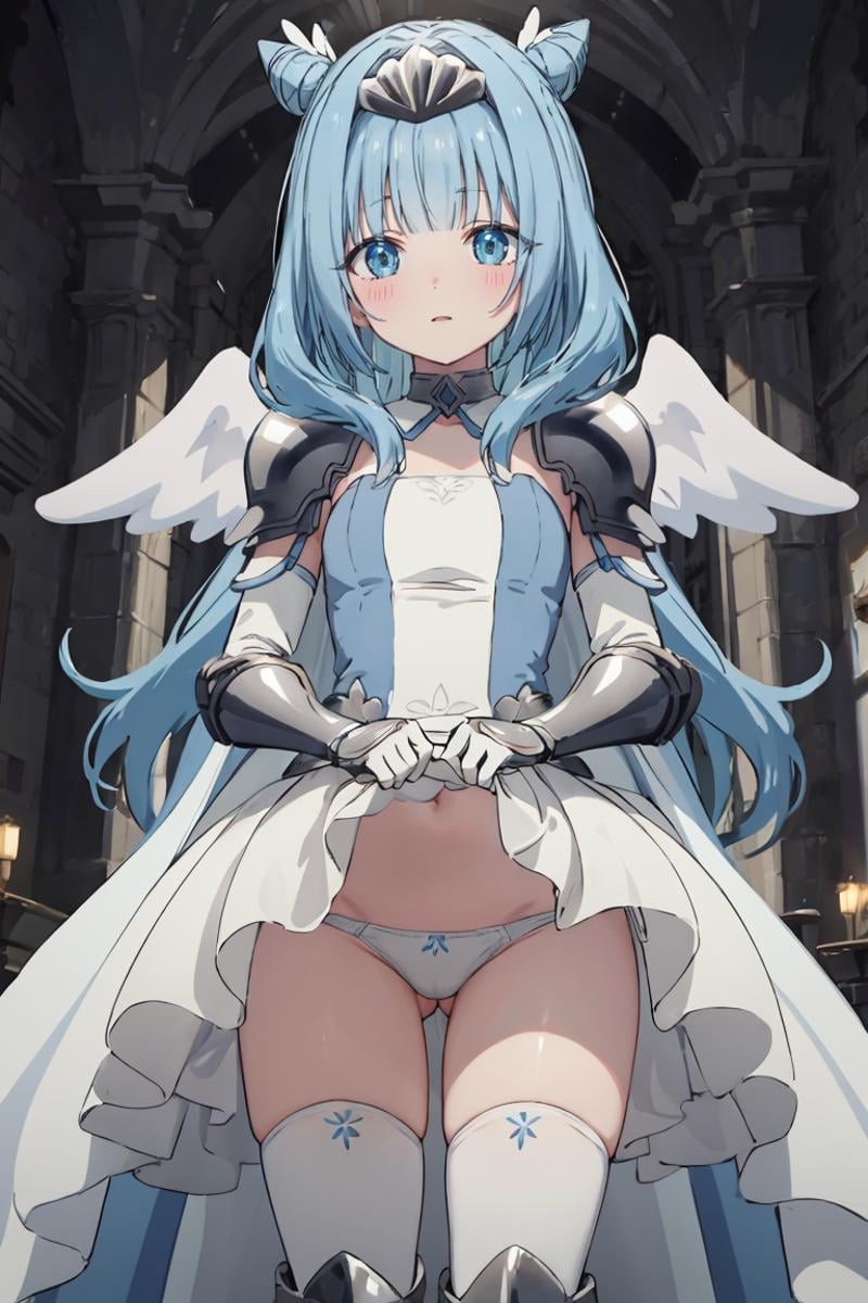 masterpiece, best quality, ultra-detailed, glistening shiny, glowing light, ray tracing, HDR, deph of field, (perfect face, detailed face), <lora:Sylphy:0.7>, sylphy, long hair, double hair bun, blush, angel wings, white dress, armored dress, pauldrons, armored gloves, armored boots, armored tiara, white thighhighs, white cape, skirt lift, panties, standing