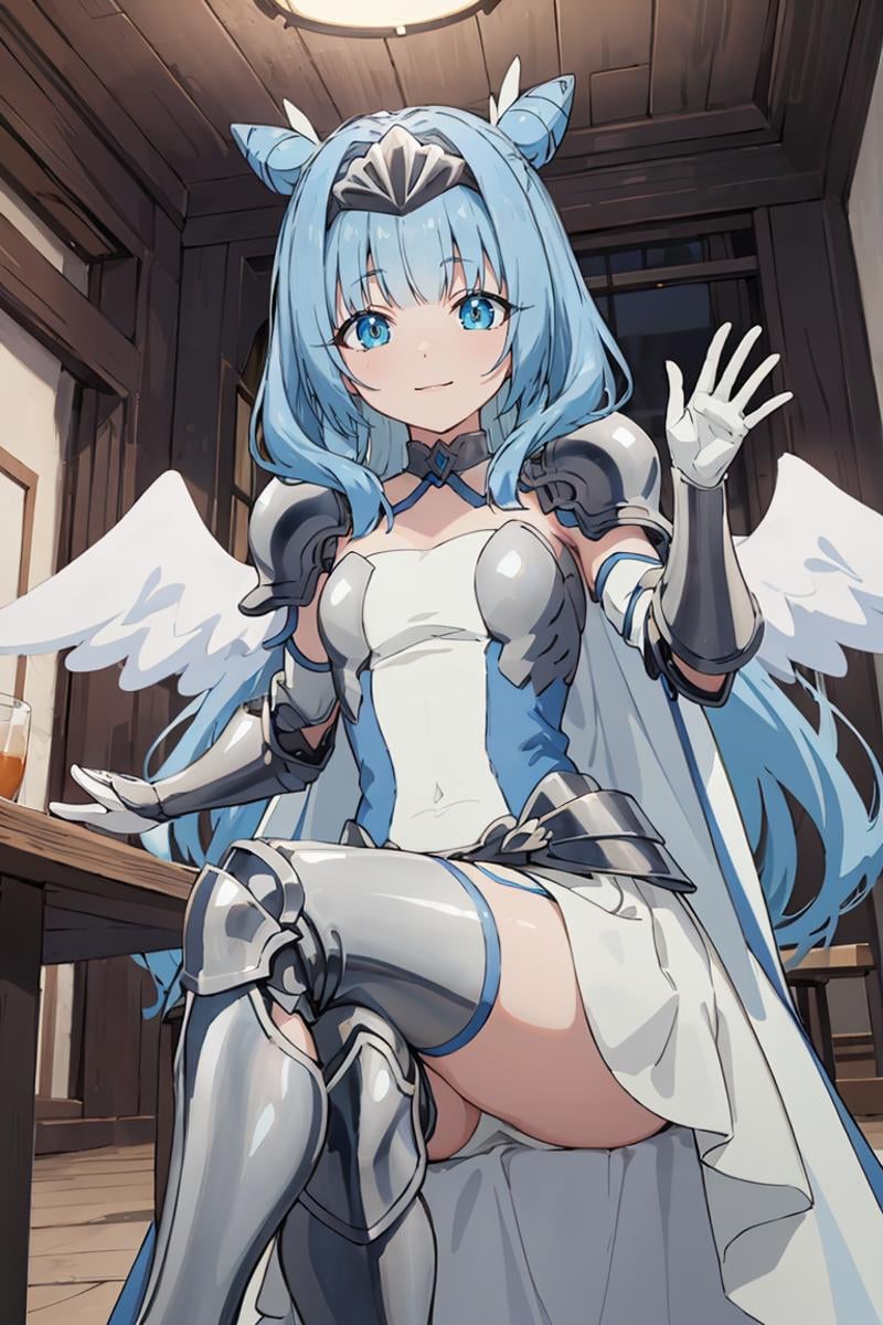 masterpiece, best quality, ultra-detailed, glistening shiny, glowing light, ray tracing, HDR, deph of field, (perfect face, detailed face), <lora:Sylphy:0.7>, sylphy, long hair, double hair bun, smile, angel wings, white dress, armored dress, pauldrons, armored gloves, armored boots, armored tiara, white thighhighs, white cape, waving, sitting, crossed legs, indoors, cafe