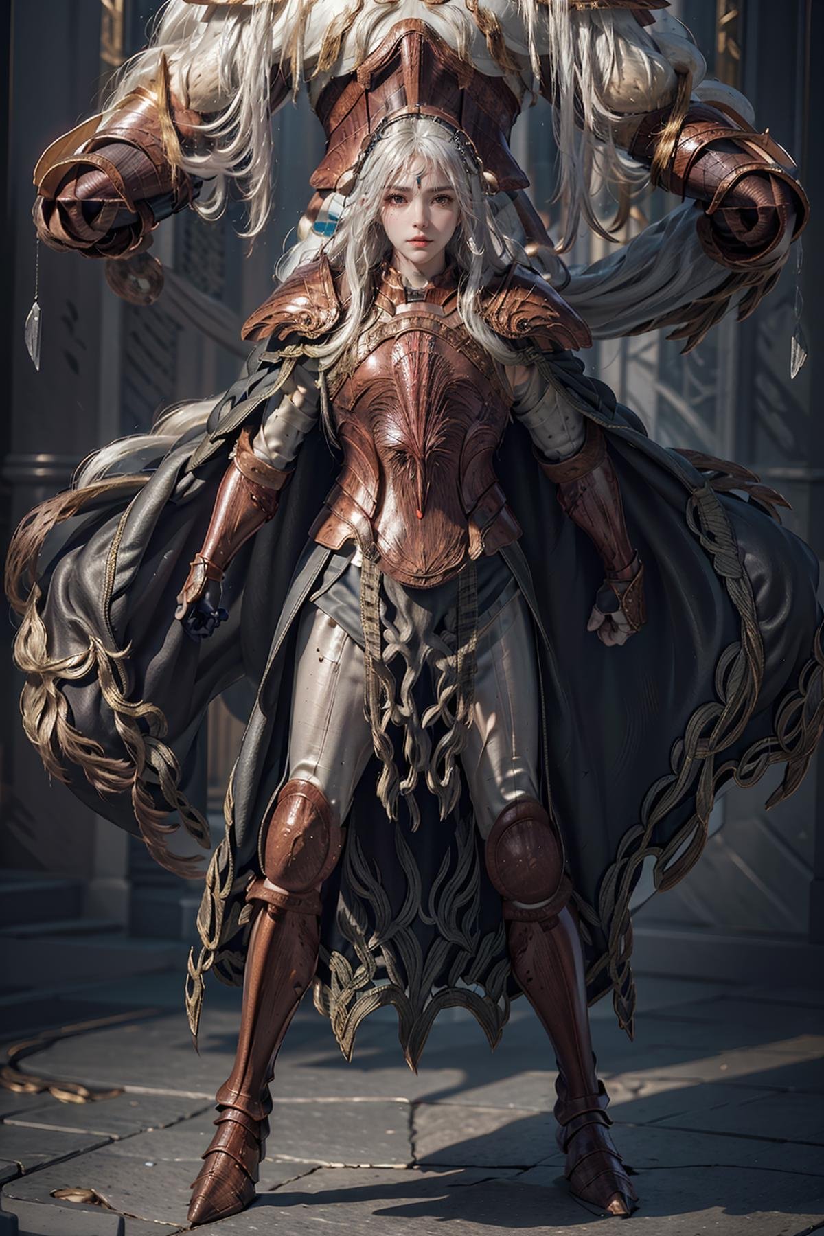 masterpiece,best quality,1girl,solo,full body,from behide,from behide,long white hair,brown armor,shoulder armor,gauntlets,pauldrons,faulds,full armor,chainmail,crucible armor,boot,cape,robe,<lora:more_details:0.3>,<lora:nt2:0.6>,<lora:CRarmor:0.8>,