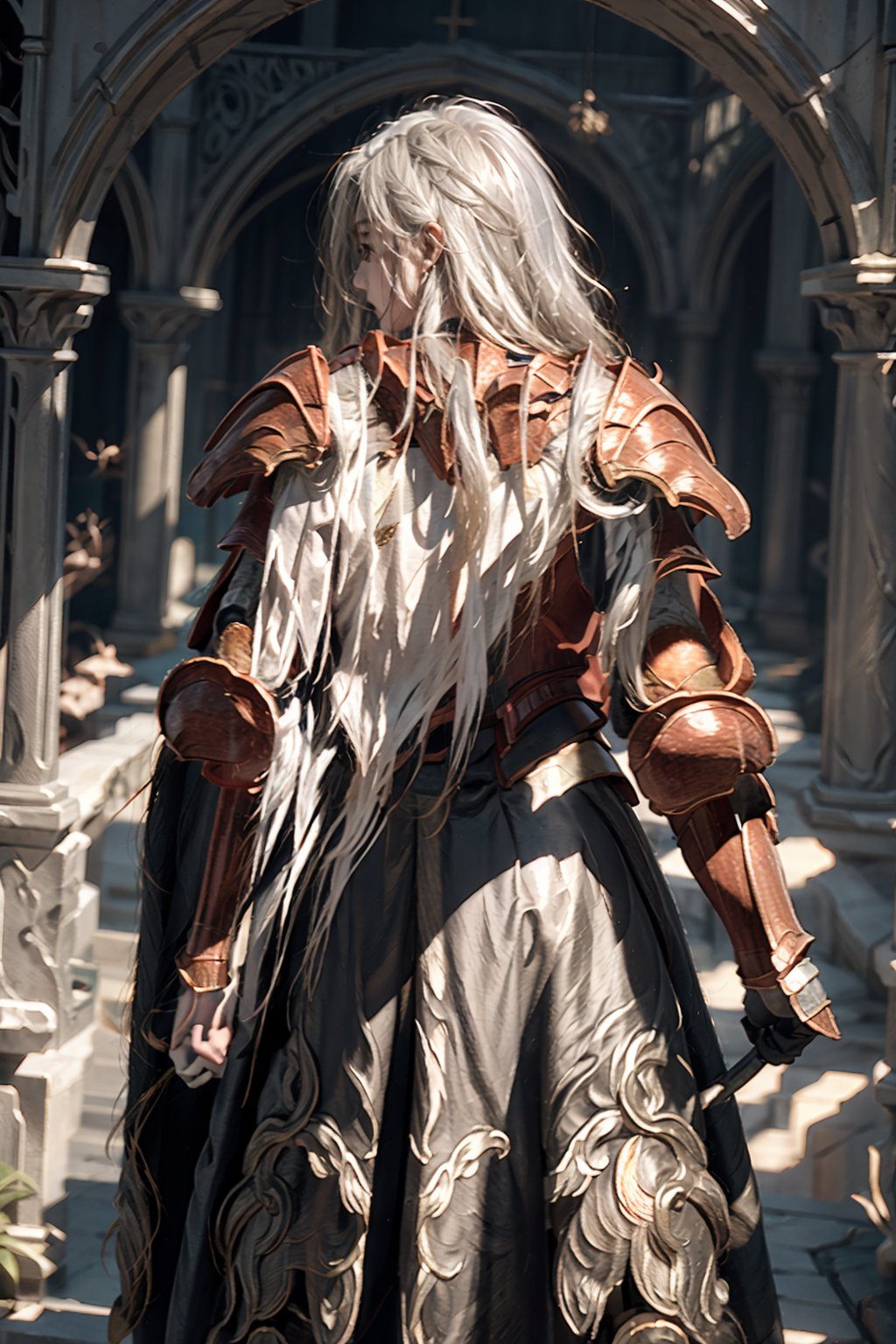 1girl,solo,masterpiece, realistic, best quality, ultra detailed,from_behind,looking back ,
White hair,
long_hair, holy knight,crucible armor,brown armor,cape