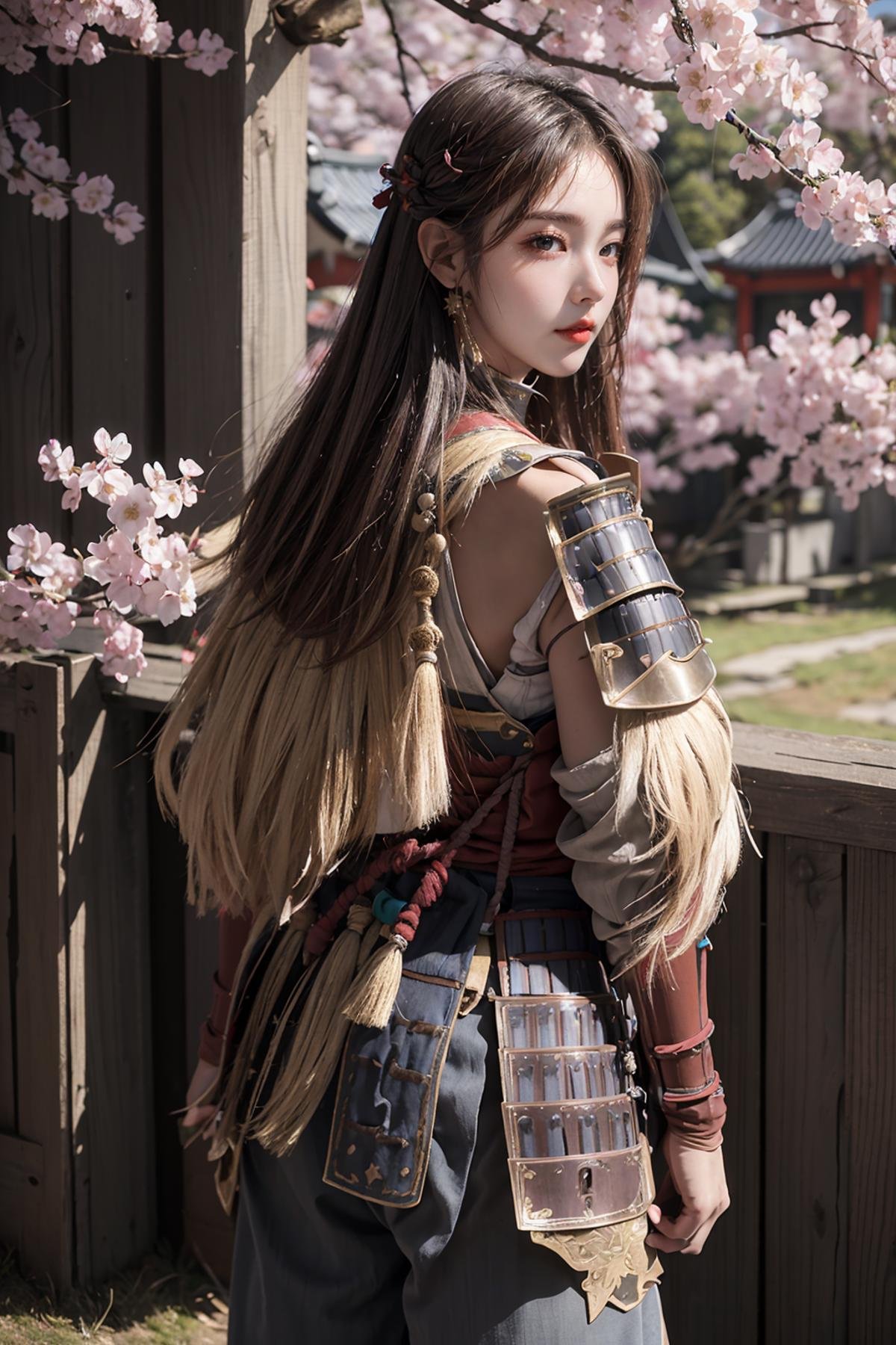 masterpiece,best quality,1girl,women,solo,cowboy shot,from behide,looking back,shoulder armor,pants,tabi,japanese armor,breastplate,sandal,faulds,samurai,kusazuri,straw cape,straw rope,cherry blossoms,tassets,cuirass,<lora:more_details:0.3>,<lora:Samurai_armor:0.8>,