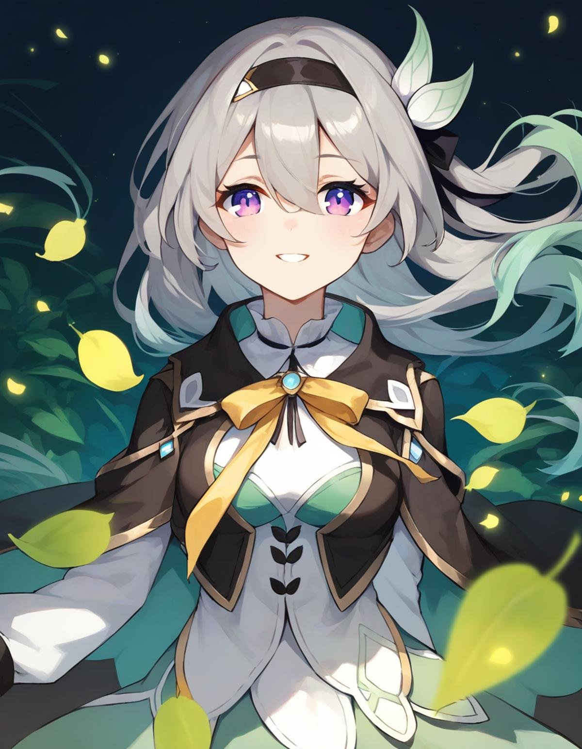 score_9,score_8_up,score_7_up,score_6_up BREAK official art,solo,outdoors,cheek-to-cheek,upper body,(portrait:1.5),looking at viewer,facing viewer,smile,Firefly,long hair,grey hair,gradient hair,multicolored hair,floating hair,black hairband,hair ribbon,black ribbon,hair intakes,leaf hair ornament,hair between eyes,parted bangs,purple eyes,black cape,neck ribbon,yellow ribbon,green dress,long sleeves,medium breasts,green skirt,white bow,zettai ryouiki,black thighhighs,white footwear,<lora:Firefly(hsr)-Pony:1.2>,<lora:Smooth Anime Style LoRA XL:0.8>,