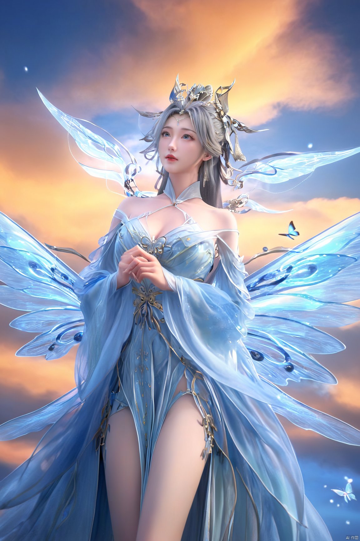  1 girl, dynamic angle, solo, looking at the audience, dress, sky, blue sky, insects, butterflies, branches,,Xningyudie,,(big breasts:1.39),Xtianxiwei, X-aurora, Yunxiao_xianzi,fantasy_butterfly