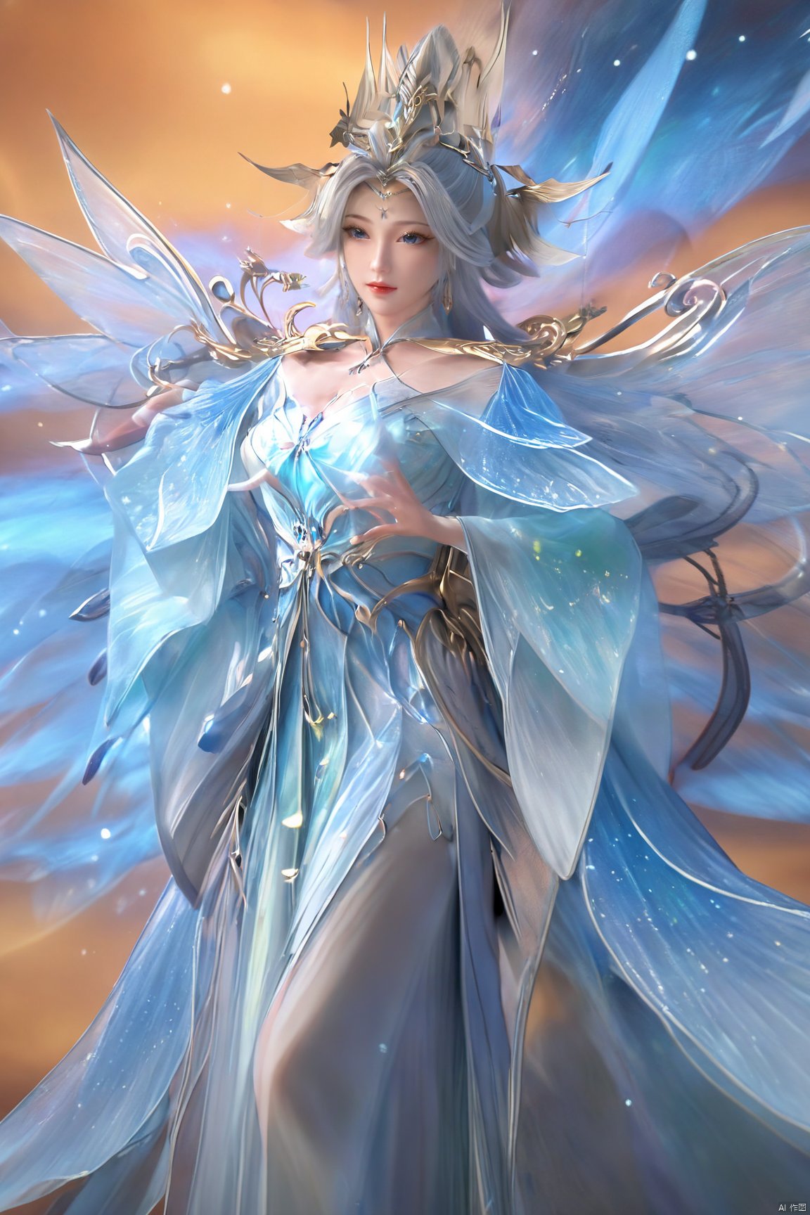  1 girl, dynamic angle, solo, looking at the audience, dress, sky, blue sky, insects, butterflies, branches,,Xningyudie,,(big breasts:1.39),Xtianxiwei, X-aurora, Yunxiao_xianzi,fantasy_butterfly