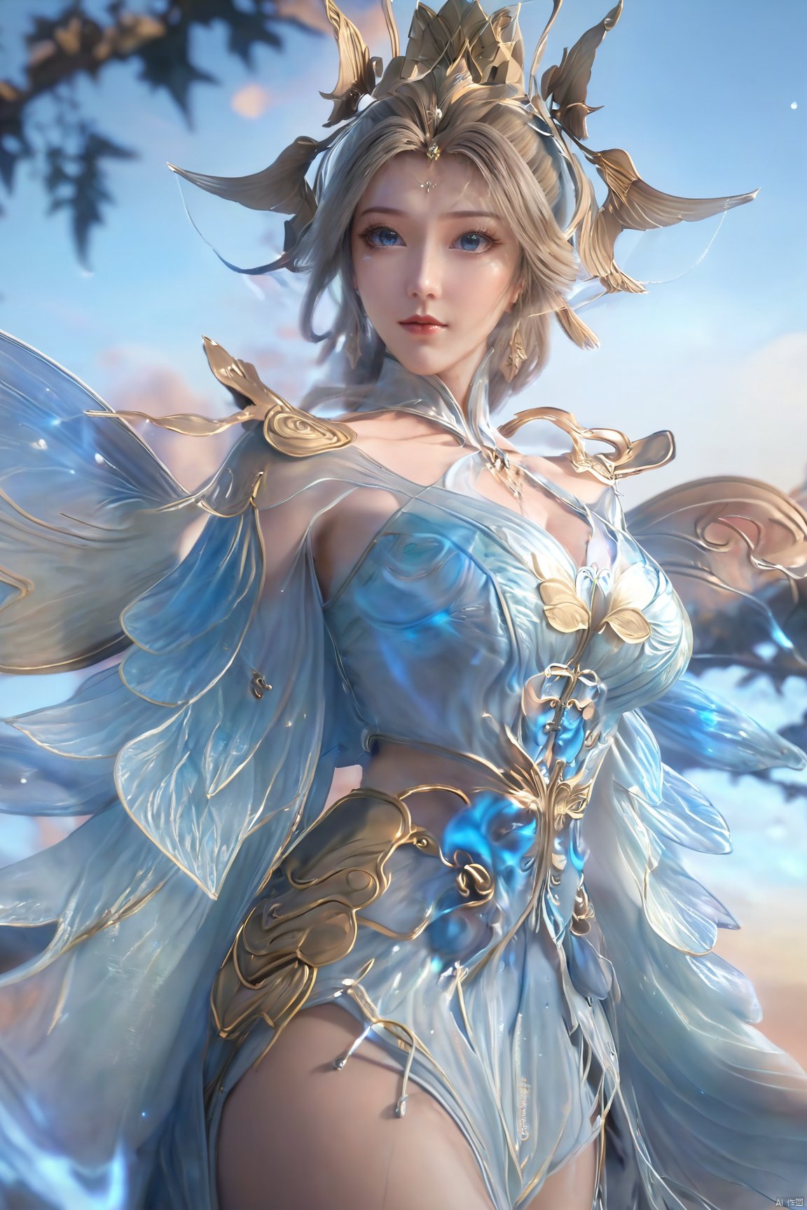 masterpiece,1girl, dynamic angle, solo, looking at the audience, dress, sky, blue sky, insects, butterflies, branches,,Xningyudie,,(big breasts:1.39),Xtianxiwei, X-aurora, Yunxiao_xianzi,fantasy_butterfly