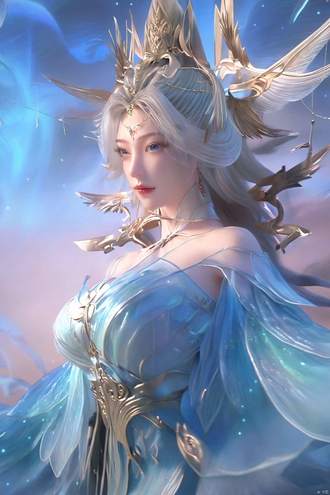 masterpiece,1girl, dynamic angle, solo, looking at the audience, dress, sky, blue sky, insects, butterflies, branches,,Xningyudie,,(big breasts:1.39),Xtianxiwei, X-aurora, Yunxiao_xianzi,fantasy_butterfly