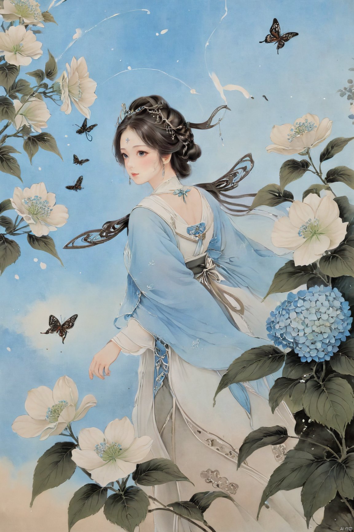  1 girl, dynamic angle, solo, looking at the audience, dress, sky, blue sky, insects, butterflies, branches,,Xningyudie, X-Hydrangea,Xtianqiong, traditional chinese ink painting