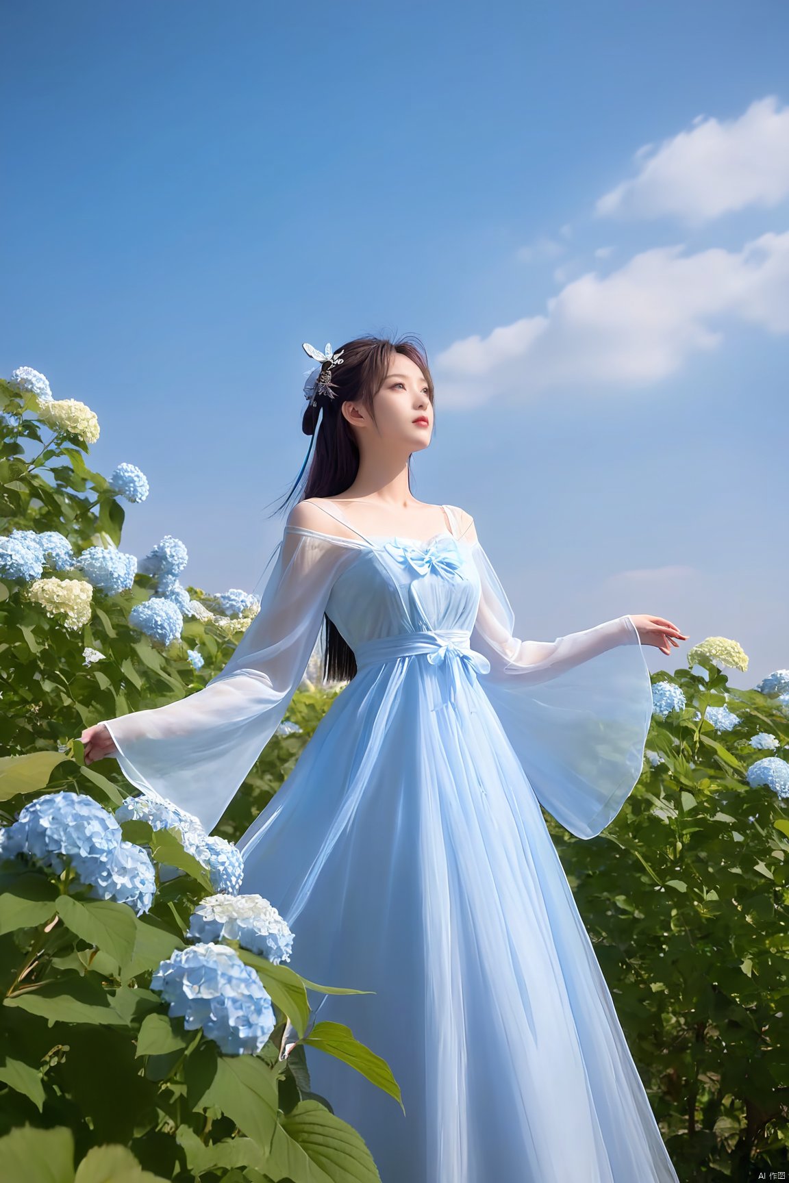  1 girl, dynamic angle, solo, looking at the audience, dress, sky, blue sky, insects, butterflies, branches,,Xningyudie, X-Hydrangea,Xtianqiong