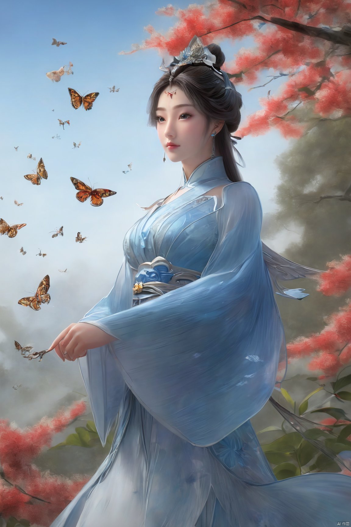  1 girl, dynamic angle, solo, looking at the audience, dress, sky, blue sky, insects, butterflies, branches,,Xningyudie, X-Hydrangea,Xtianqiong, traditional chinese ink painting