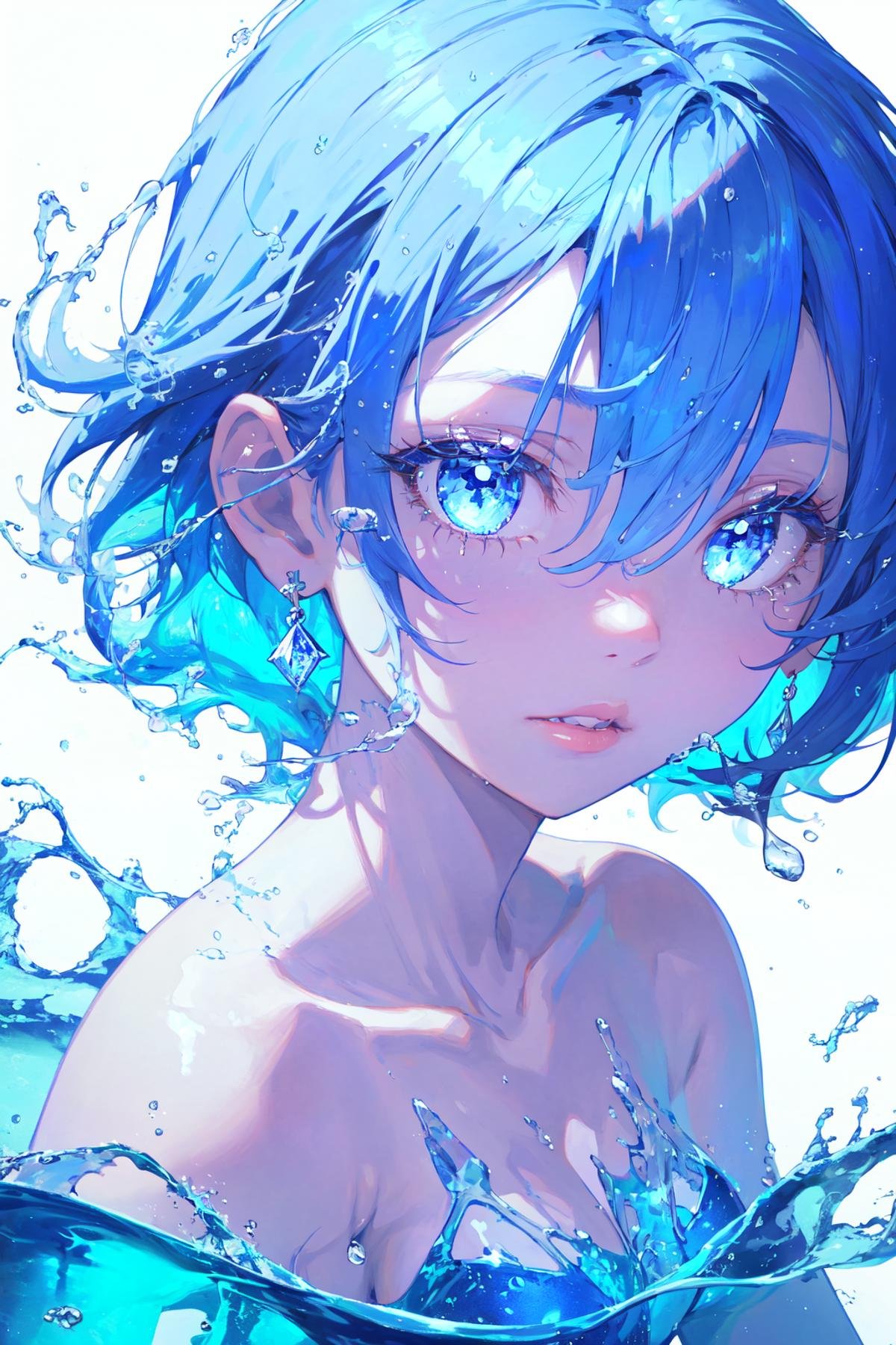 1girl, blue eyes, solo, blue hair, earrings, gem, jewelry, looking at viewer, collarbone, water, blue gemstone, blue theme, eyelashes, bangs, portrait, parted lips, liquid hair, bare shoulders, water drop, upper body, glint, short hair, liquid, simple background, hair between eyes