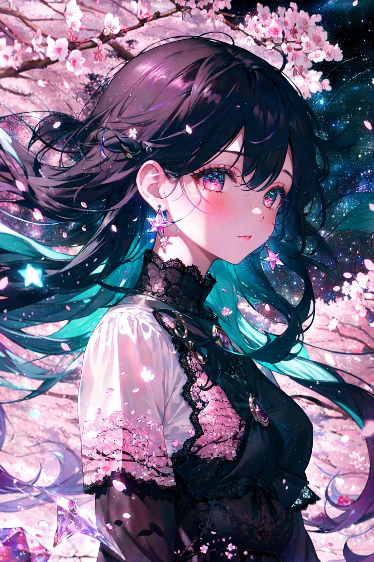 1girl, stars in the eyes, (cherry blossoms), messy floating hair, crystal earrings, colored inner hair, Starry sky adorns hair, (Galaxy), depth of field, upper body, lace-trimmed dress