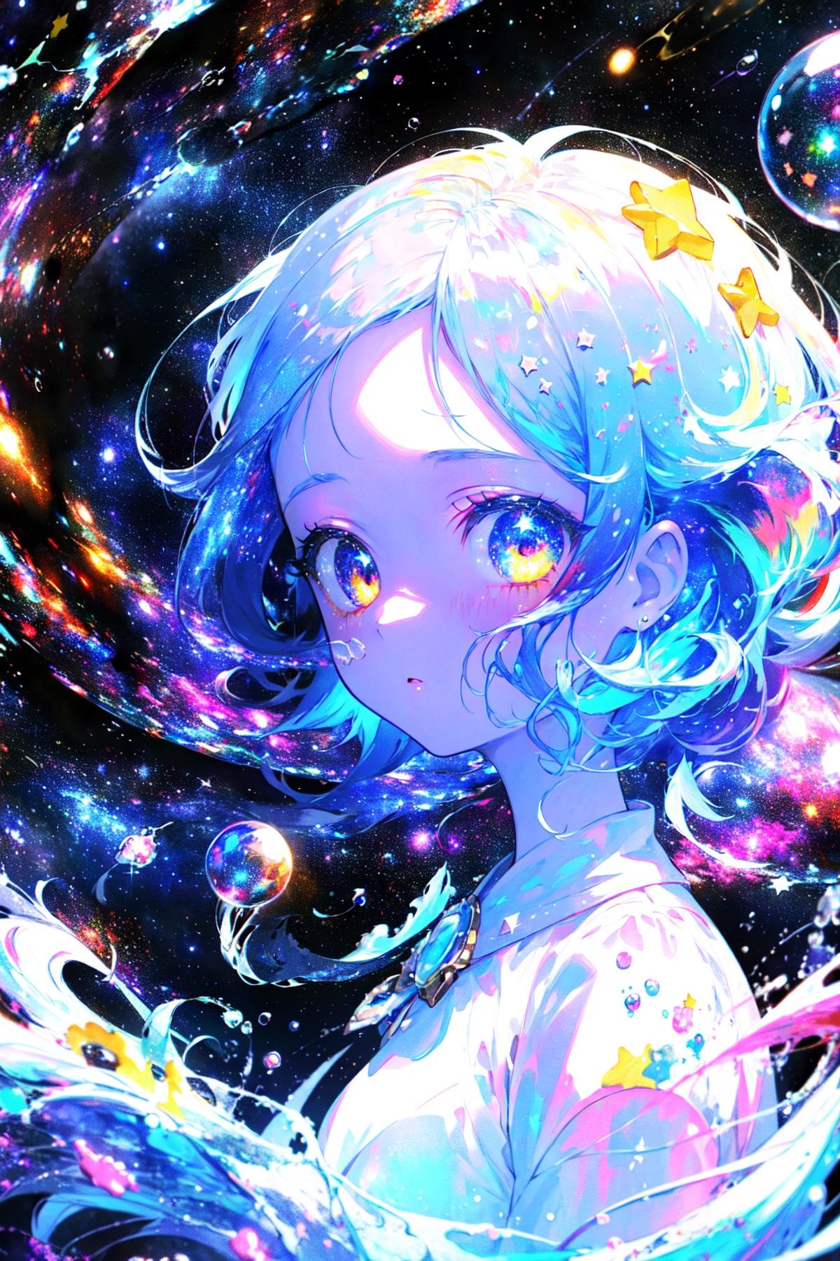 (masterpiece), (best quality), (ultra-detailed), (illustration), 1girl, mixed-blood girl, , stars in the eyes, messy floating hair, colored inner hair, Starry sky adorns hair, (lots of big colorful Bubble), (pearl), (Galaxy), depth of field