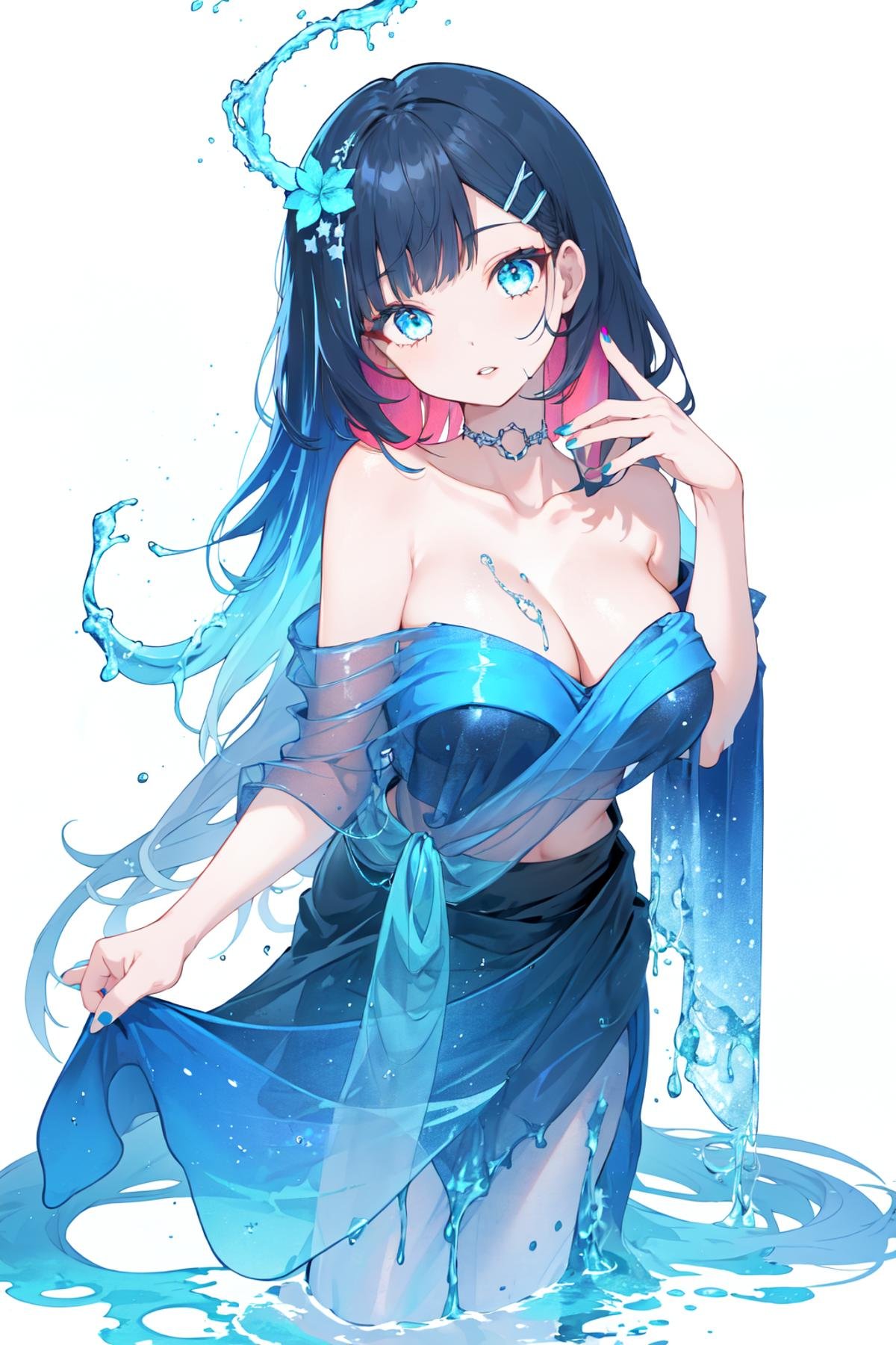 zyc, 1girl, solo, long hair, blue nails, blue eyes, black hair, dress, looking at viewer, bare shoulders, bangs, water, multicolored hair, nail polish, blue hair, hand up, parted lips, colored inner hair, see-through, very long hair, hand on own chest, white background, liquid hair, off shoulder, skirt hold, collarbone, two-tone hair, strapless, gradient, breasts, shawl, head tilt