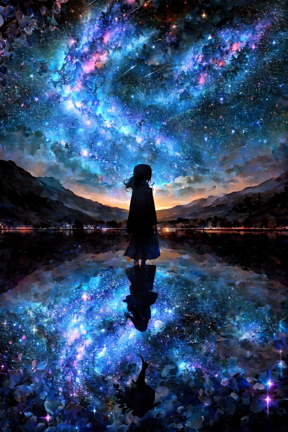 starwhisper,masterpiece,best quality, starry background,scenery, 1girl, silhouette,starry sky, night, reflection, night sky, outdoors