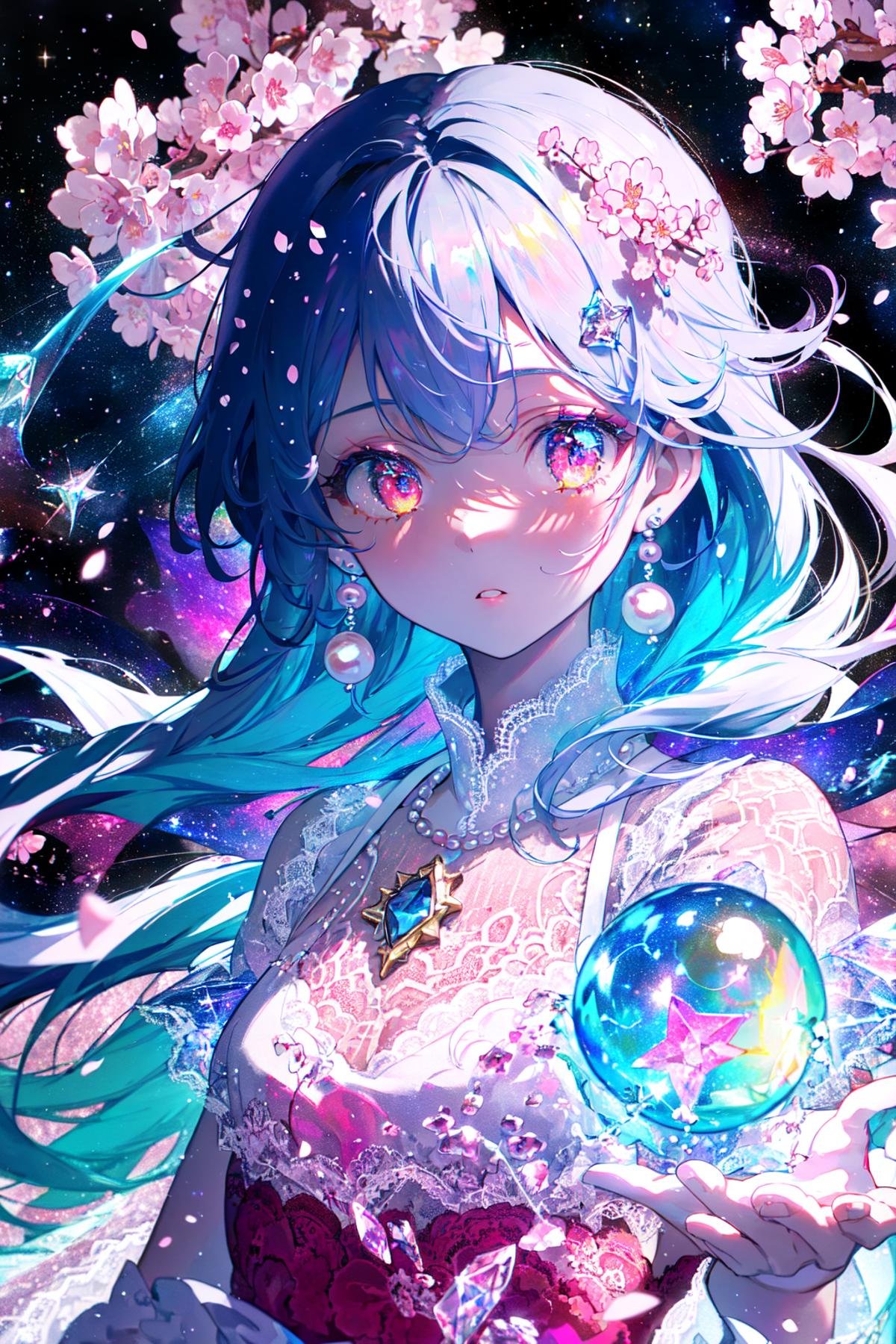 (masterpiece), (best quality), (ultra-detailed), (illustration), 1girl, mixed-blood, stars in the eyes, (cherry blossoms), messy floating hair, crystal earrings, colored inner hair, Starry sky adorns hair, (colorful Bubble), (pearl), (Galaxy), depth of field, upper body, lace-trimmed dress