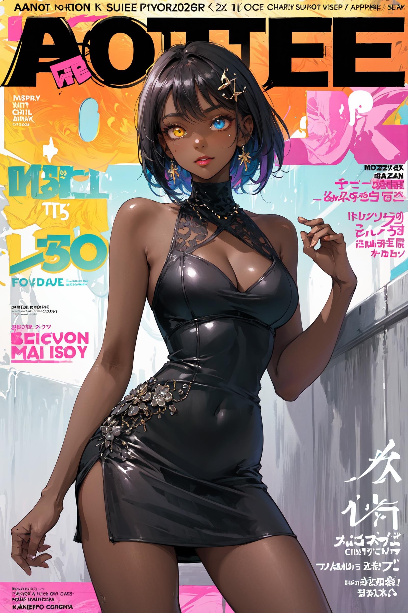 (8k, best quality, masterpiece),ultra-detailed,(high detailed skin),glossy skin,contrapposto,female focus,model,(hot:0.7),sexy,fine fabric emphasis,wall paper,crowds,fashion,Lipstick,depth of field,street,in public,Magazine cover,(title),(Magazine cover-style illustration of a fashionable woman),posing in front of a colorful and dynamic background. (The text on the cover should be bold and attention-grabbing, with the title of the magazine and a catchy headline),A mischievous expression,kandis,1girl,dark skin,dark-skinned female,eye of horus,heterochromia,hair ornament,blue eye,yellow eye,