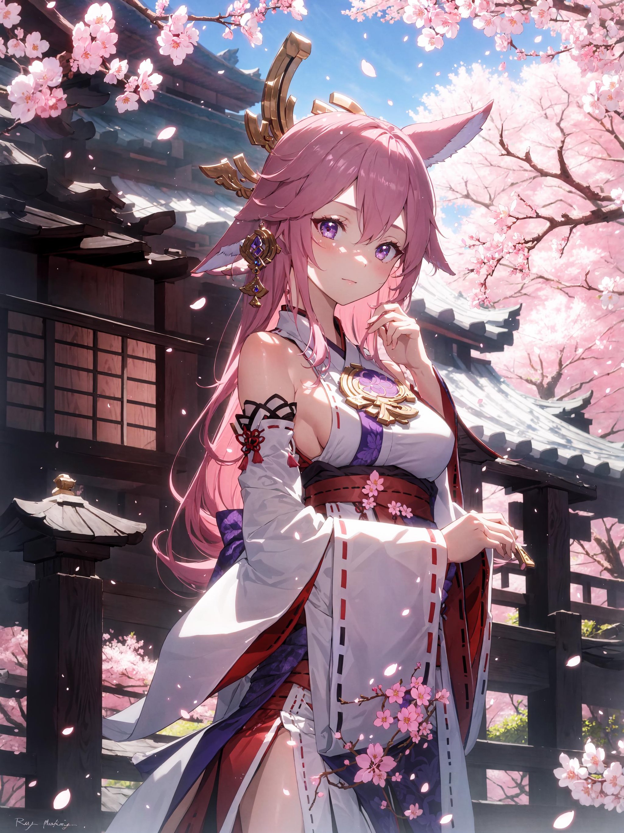 masterpiece,best quality,(ray tracing),1girl,solo,yae miko,long hair,pink hair,cherry blossoms,detached sleeves,purple eyes,looking at viewer,breasts,animal ears,japanese clothes,