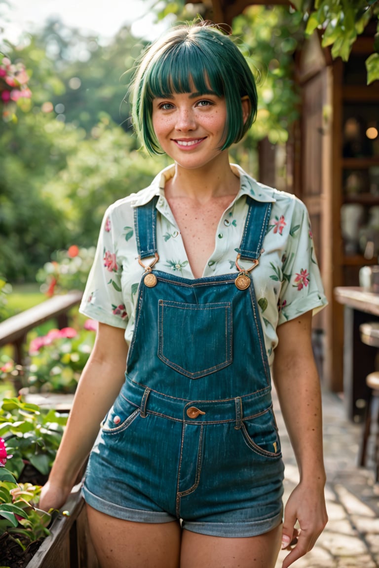 score_9, score_8_up, score_7_up, 
1girl, solo, dramatic, cinematic, raw, photo, focus macro shot, bokeh effect, bashful blash, depth of field, female, gnome, short, brown skin, freckles, mint green hair, uneven bangs, bowl haircut, short hair, round face, unbuttoned floral shirt, overalls, cut off booty shorts, looking viewer, smiling, garden, fantasy, tavern