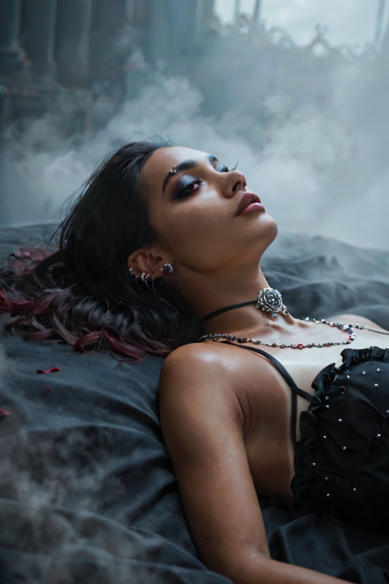 score_9, score_8_up, score_7_up, 18 yo, Latina goth,  tan lines, hyper-realistic, lying down, dimly lit, mystical atmosphere, fog, decorated with sparkling diamonds and rubies, rose shaped jewelry, very intricate and detailed, slender body, fog, highest quality, arched back, 