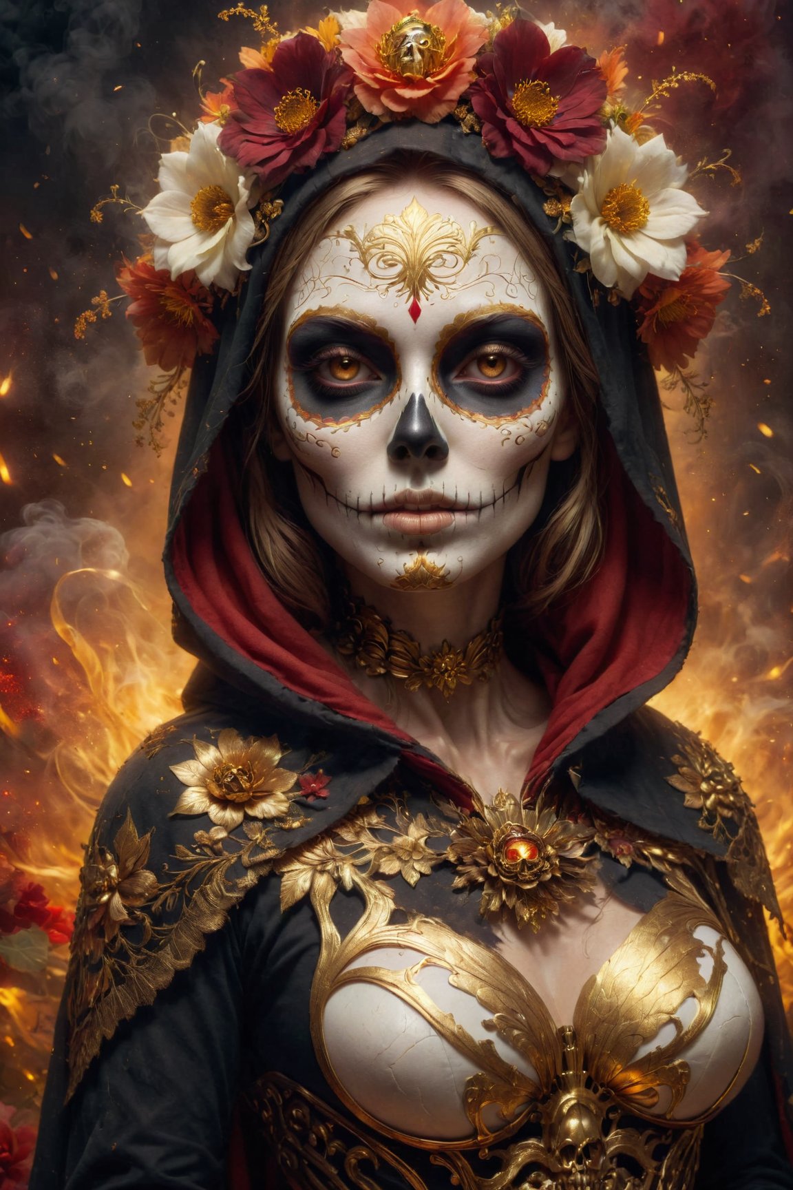 woman dressed sugar skull costume flowers, amazing octane render, thick dust red tones, wearing golden halo, saint woman, white skeleton face, wearing dark hood, hyperrealistic concept art, flower,